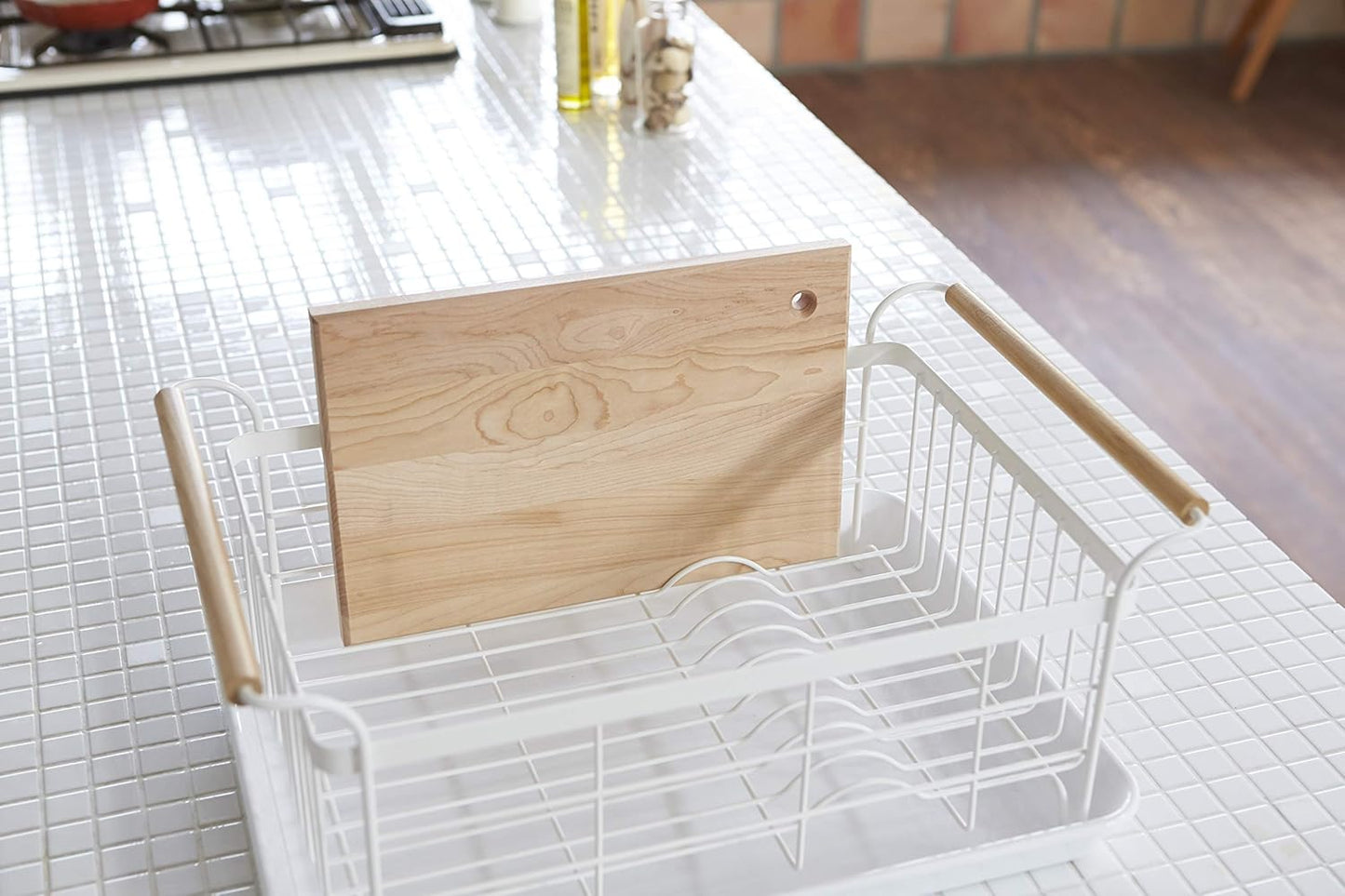 Yamazaki Home Dish Rack with Removeable Drainer Tray, Kitchen Counter Dish Drying Organizer Holder Steel + Wood One Size White