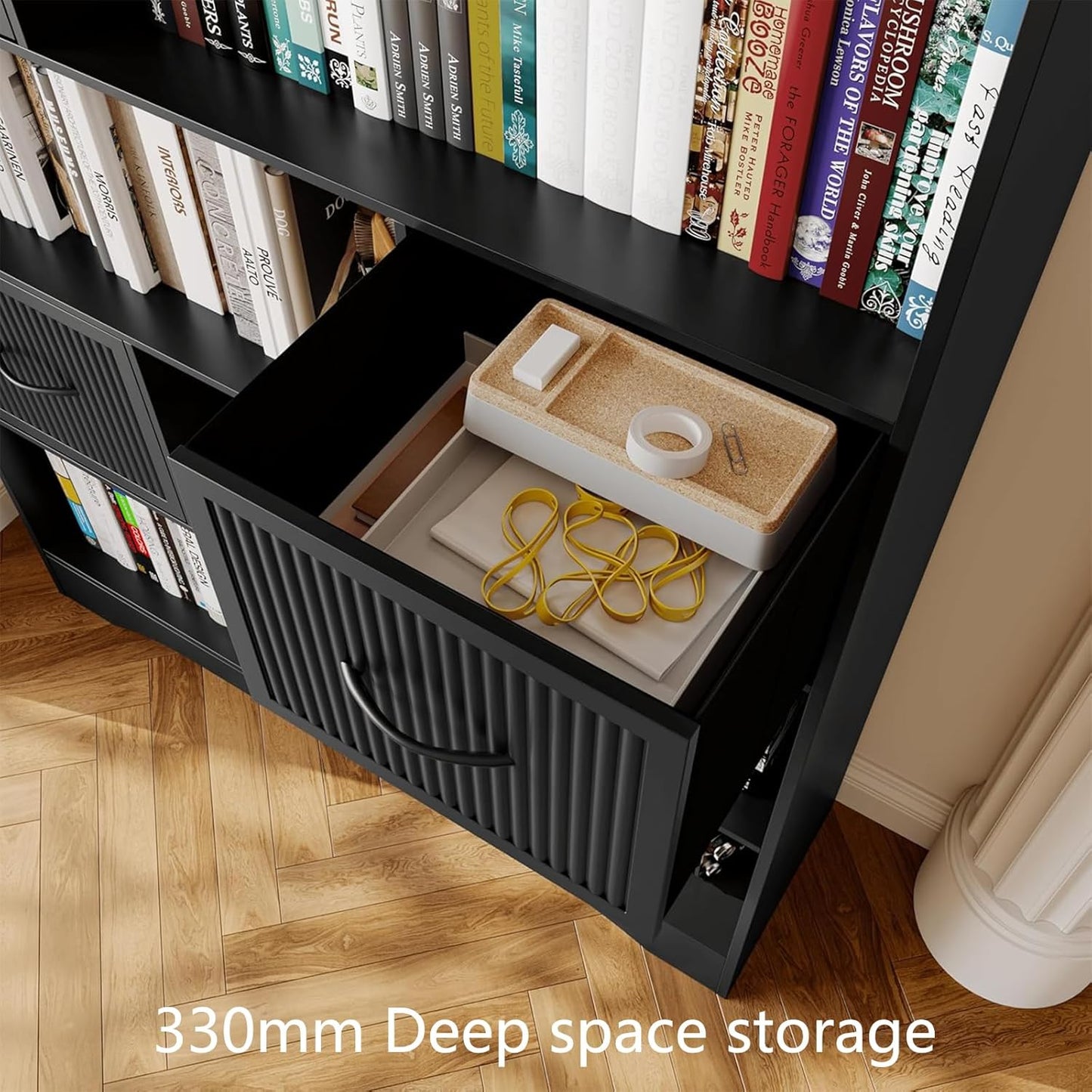 70" Book Shelf and Bookcase, Tall Bookshelf with Drawers, 48" Wide Modern 5 Tier Bookcase with 3 Bins Storage, Large Wood Display Cabinet with Adjustable Bin Storage for Living Room,Black