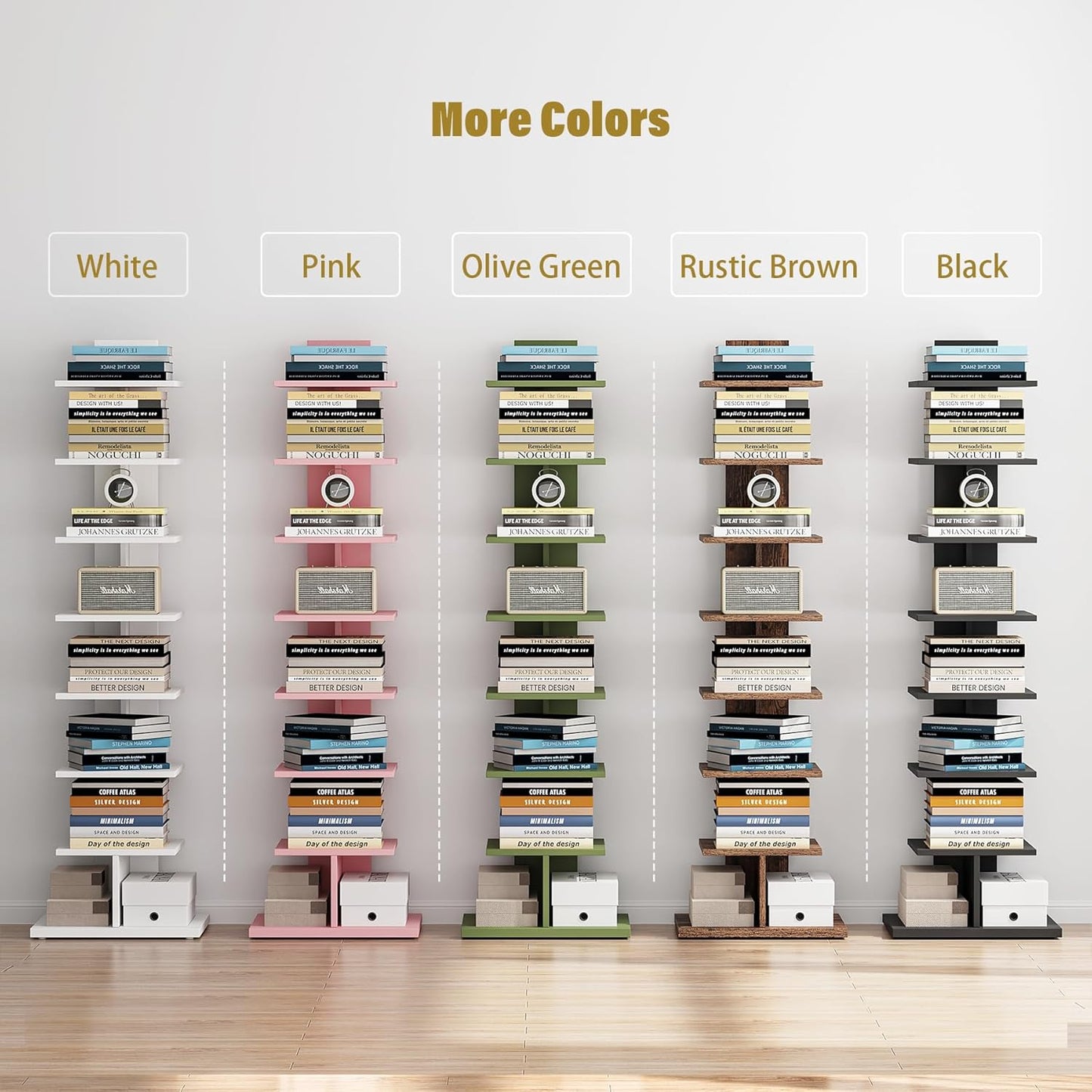 TUTOTAK Narrow Bookshelf, 8-Tier Bookcase, Spine Book Shelf for Small Space, Corner Standing Shelf for Living Room, Office, Study, Entryway, Rustic Brown BS06BB008