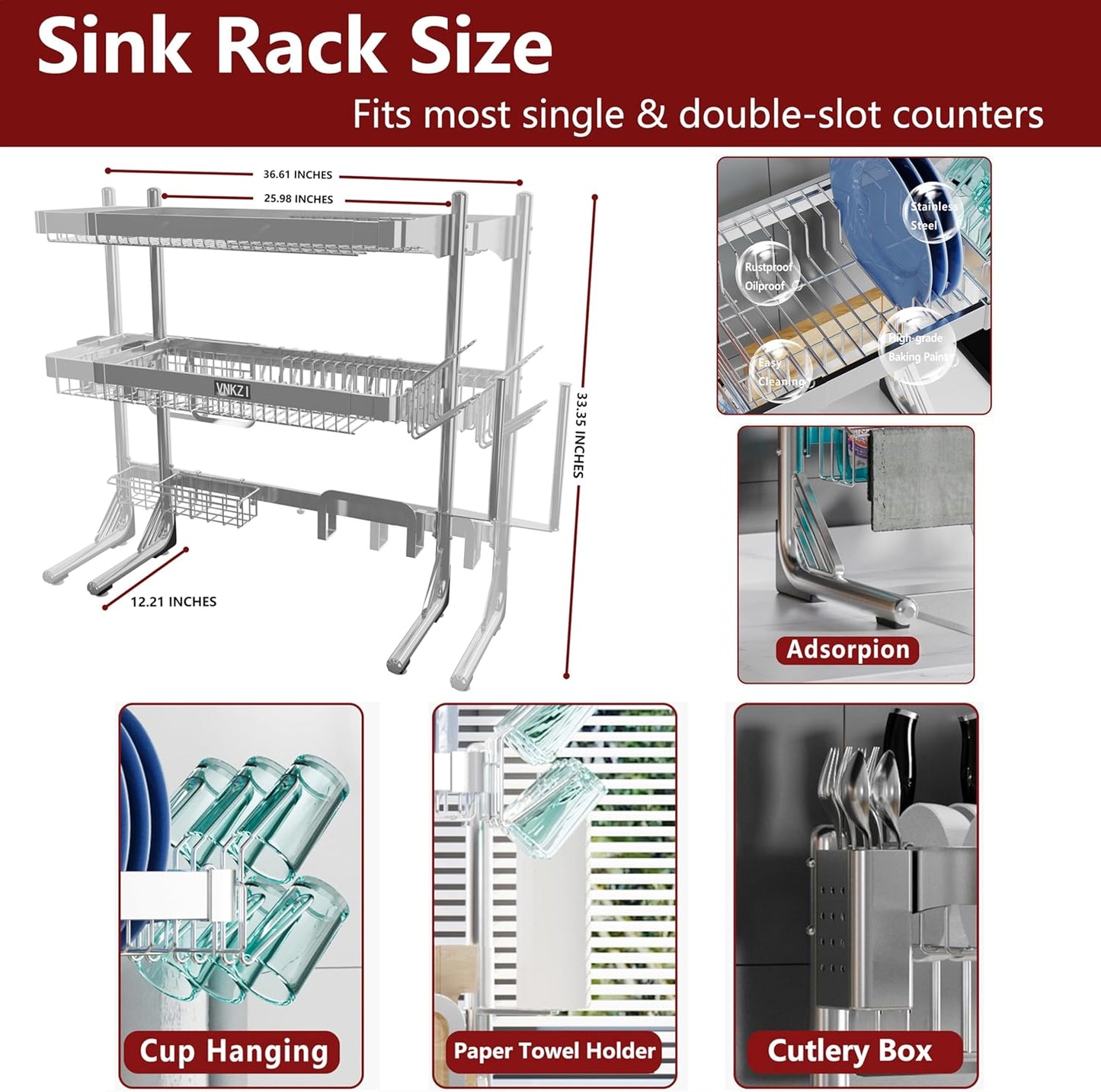 VNKZI Over Sink Dish Drying Rack, 3 Tier Full Stainless Steel Storage Adjustable Length (25.98'' to 36.61'') Kitchen Rack, Multifunctional Expandable Counter Organizer, Space Saver Dish Rack