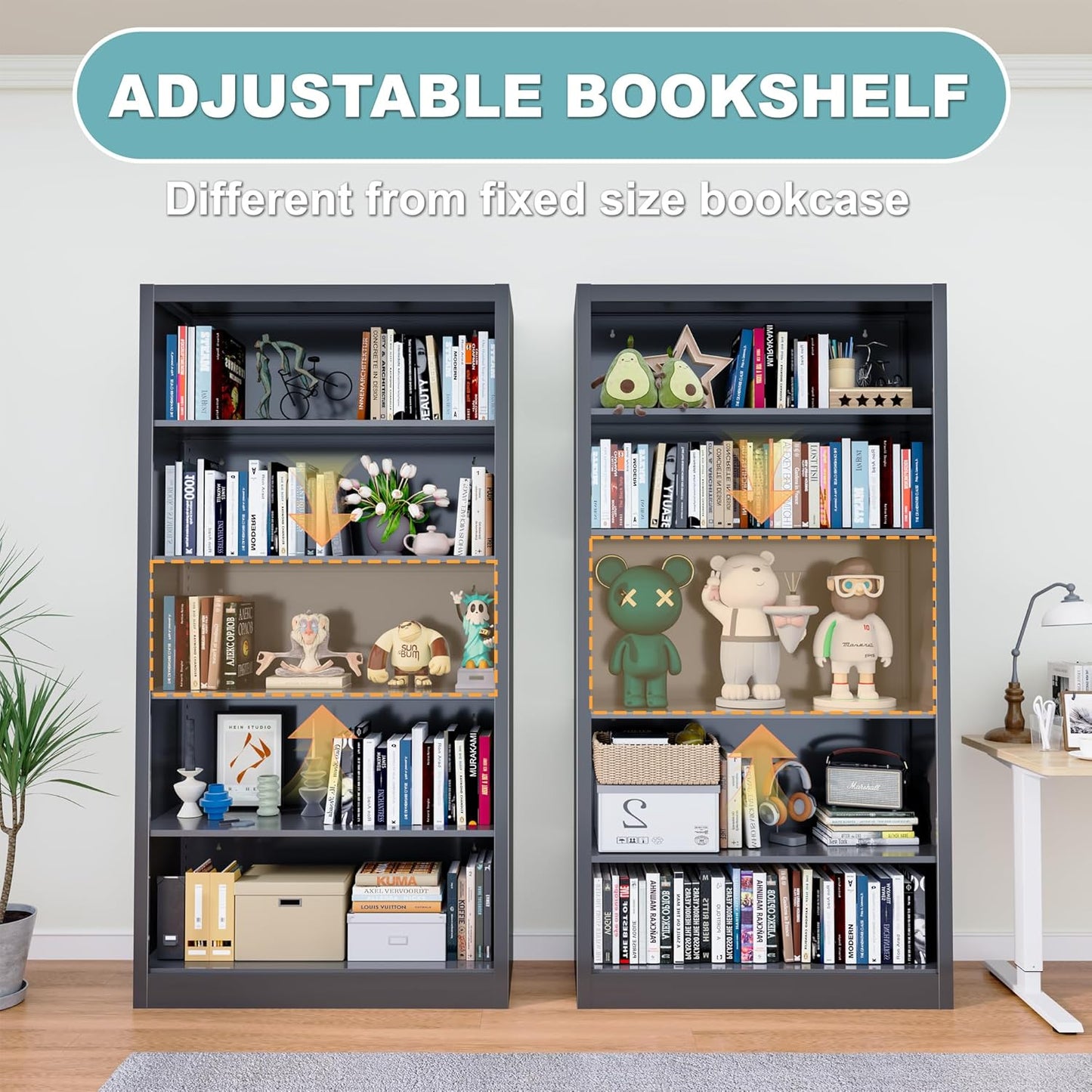 Metal Bookshelf,Adjustable 5-Tier Bookcase with High Weight Capacity,Bookshelves and Bookcases for Living Room,Office,Library,Black Book Shelf