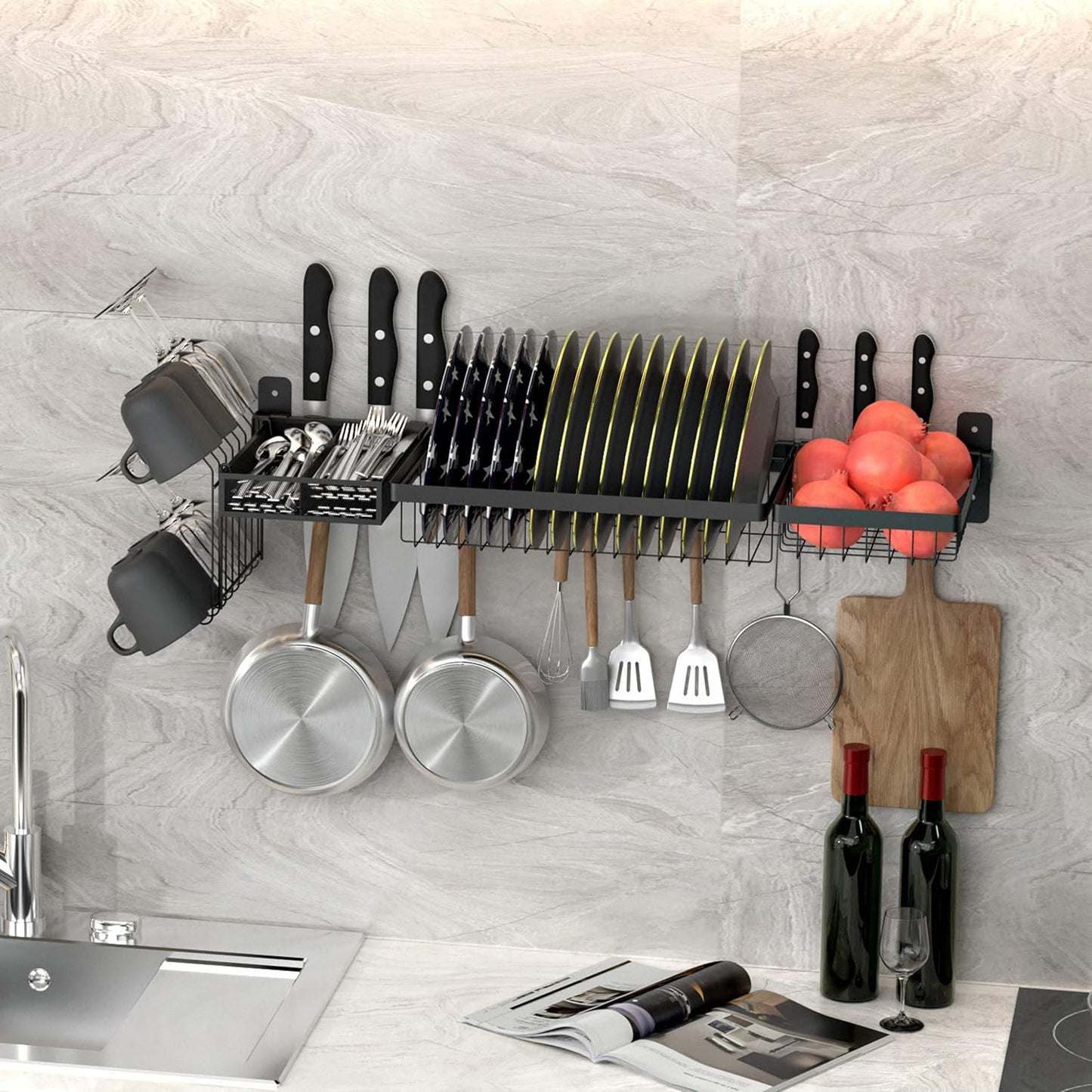 Adjustable Stainless Steel Wall Mounted Over the Sink Dish Drying Rack, Large Capacity Pot Rack Dish Rack with Utensil Holder for Kitchen Storage Organizer Patent Pending (Black)