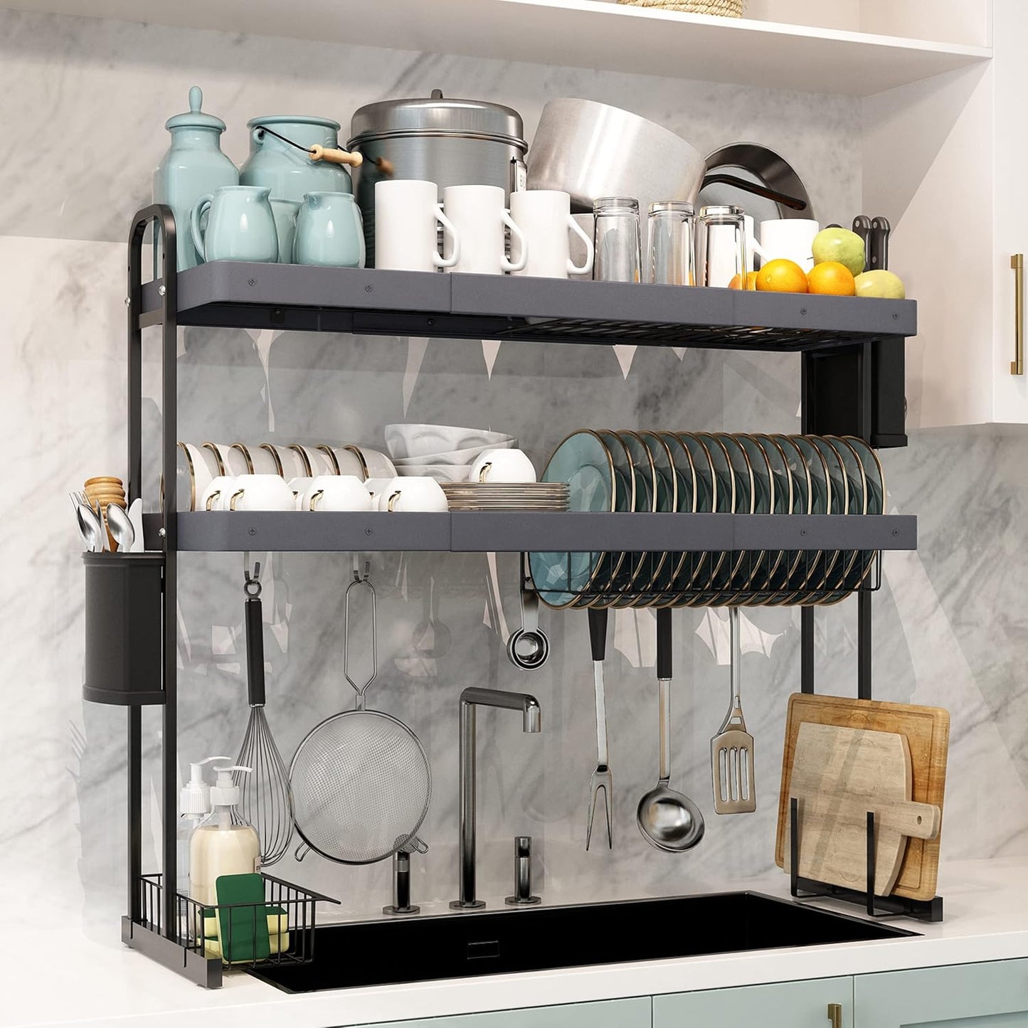 3 Tier Extra Large Stainless Steel Expandable Over The Sink Dish Drainer Drying Rack, Rust Proof Metal, Space Saving, Modern Silver Big Capacity Extendable Plate Strainers Above Kitchen Counter