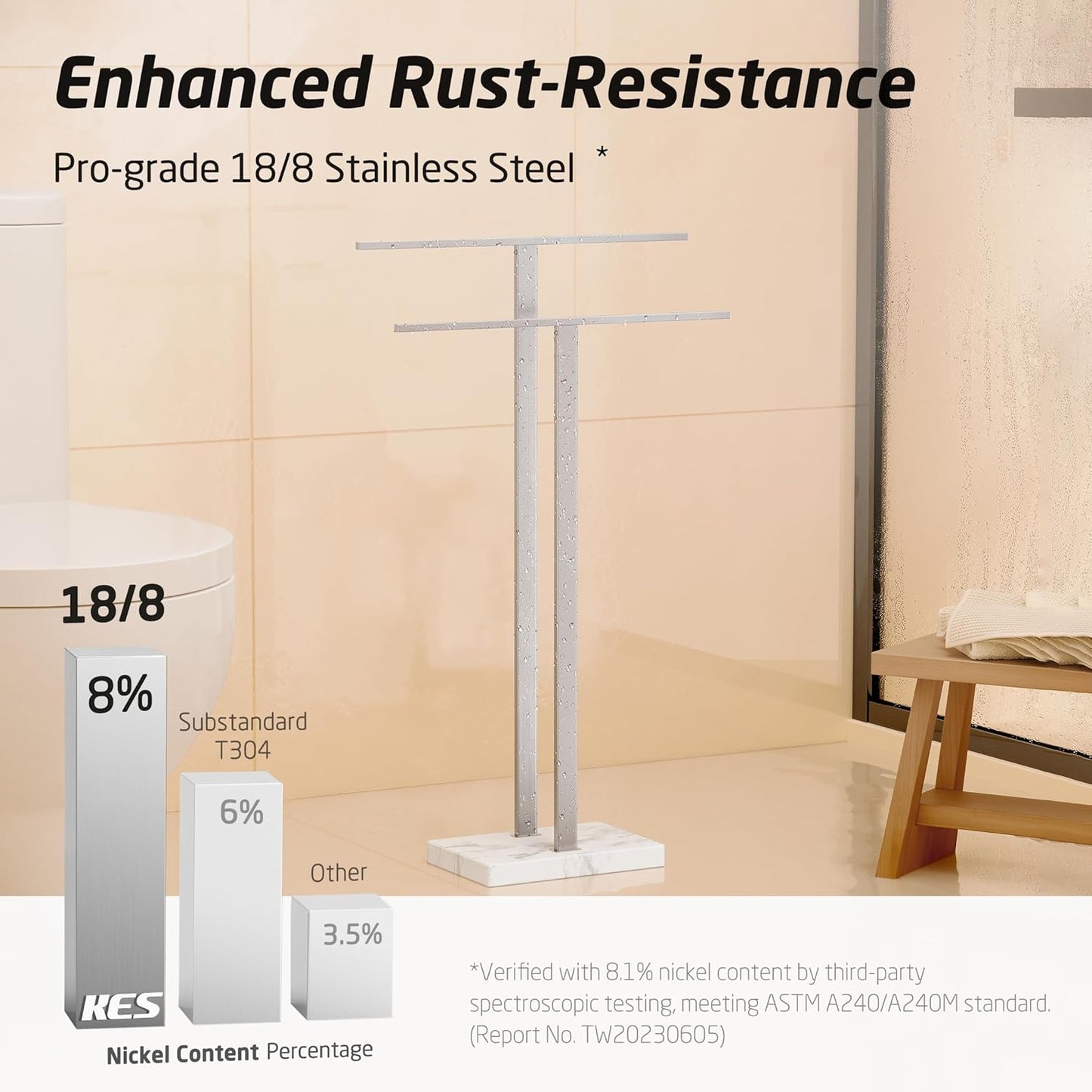 KES Standing Towel Racks for Bathroom 2-Tier, Floor Towel Rack Stand with Heavy Marble Base, Upgrade Steady Design, Pro-Grade 18/8 Stainless Steel Brushed Finish, BTH217-2