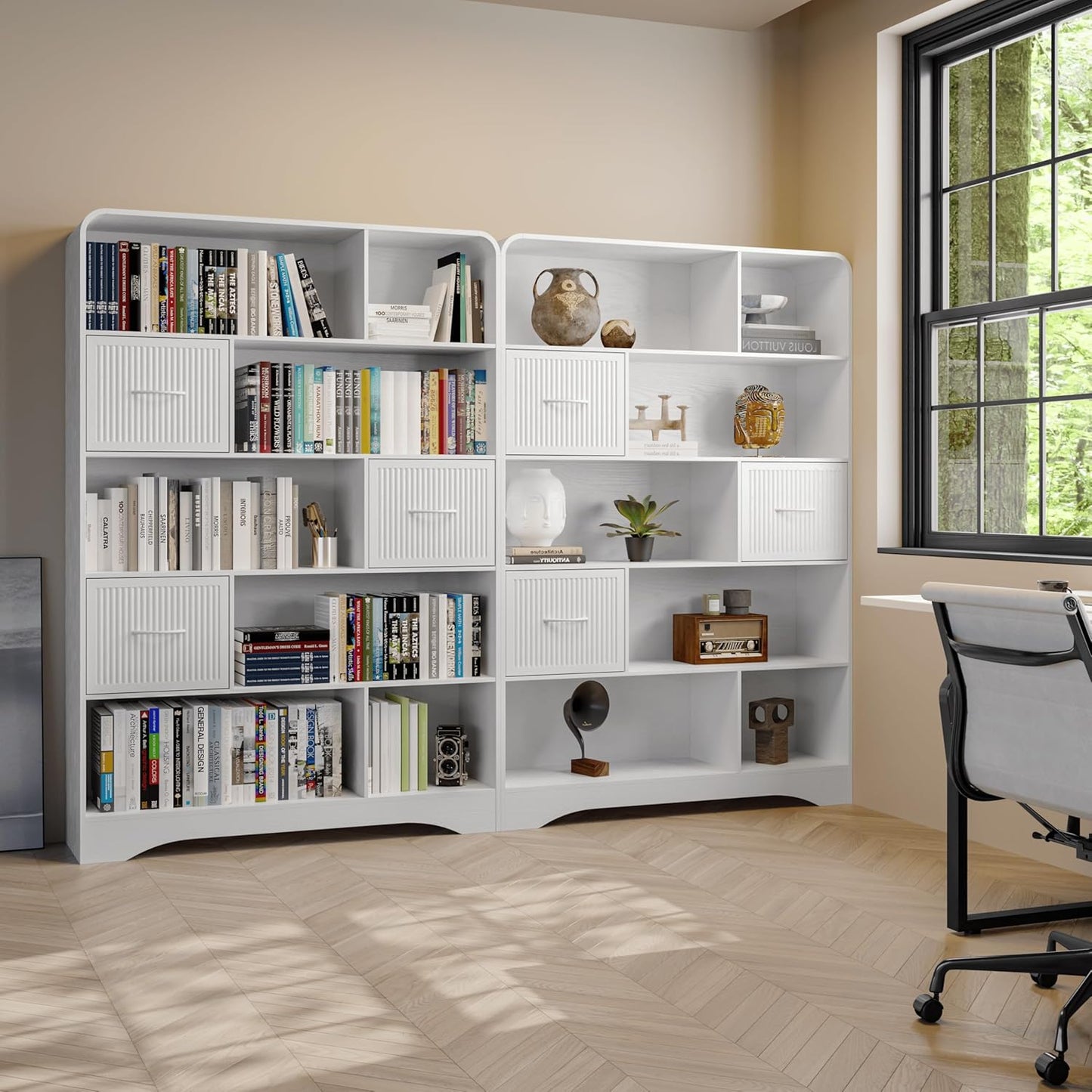 70" Book Shelf and Bookcase, Tall Bookshelf with Drawers, 48" Wide Modern 5 Tier Bookcase with 3 Bins Storage, Large Wood Display Cabinet with Adjustable Bin Storage for Living Room,Black