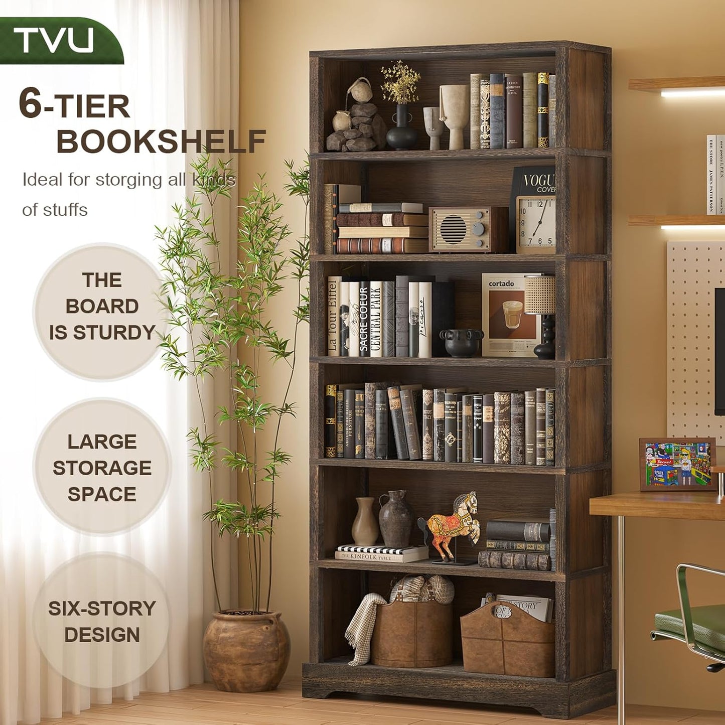 TVU 6 Shelf Bookcase, Freestanding Open Bookshelf, Tall Book Shelf, 11.8" D x 31.5" W x 77.2" H, for Living Room, Dining Room, Study, Office, Rustic Brown