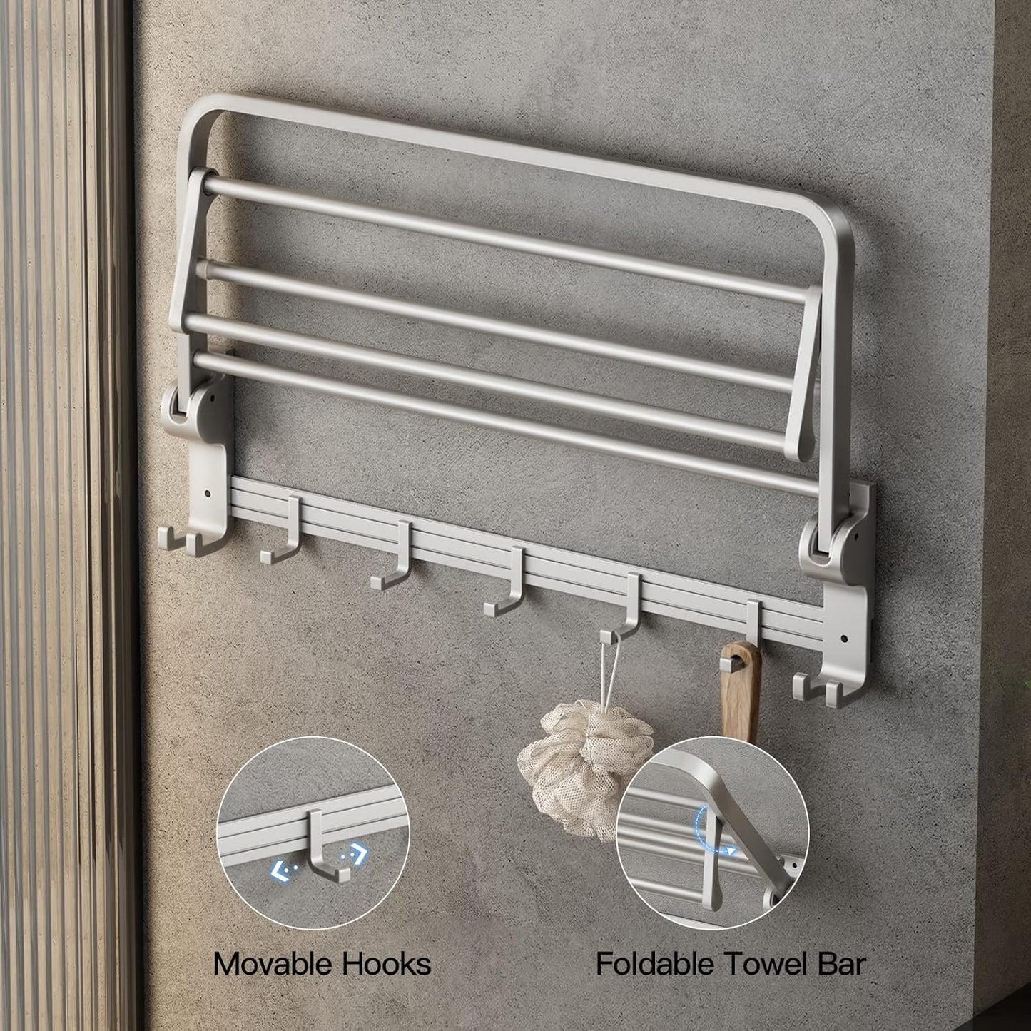 VOLPONE 24 Inch Towel Rack with Towel Bar Holder Foldable Towel Shelf with Movable Hooks Rustproof Towel Storage Wall Mount for Bathroom Lavatory Silver