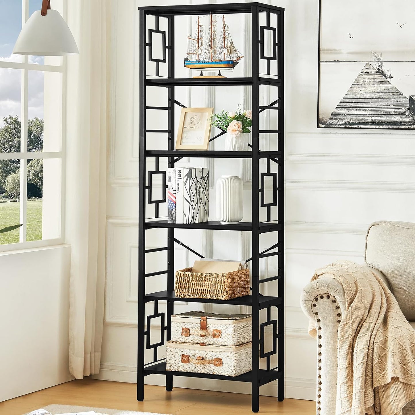 HOMISSUE Tall Bookshelf, 84 Inch Industrial Bookshelf with Metal Frame and Open Shelves, 7 Tier Metal Bookshelves and Bookcases, Rustic Tall Book Shelf for Office, Living Room and Bedroom, Brown