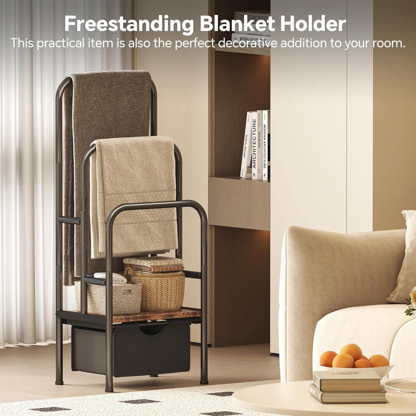 Freestanding Towel Rack for Bathroom & Blanket Holder - 3-Tier Quick-Dry Shelf, 15.6" L x 11.8" W x 41.7" H, Retro Style Floor Stand for Bedroom/Living Room,Rustic Black Brown