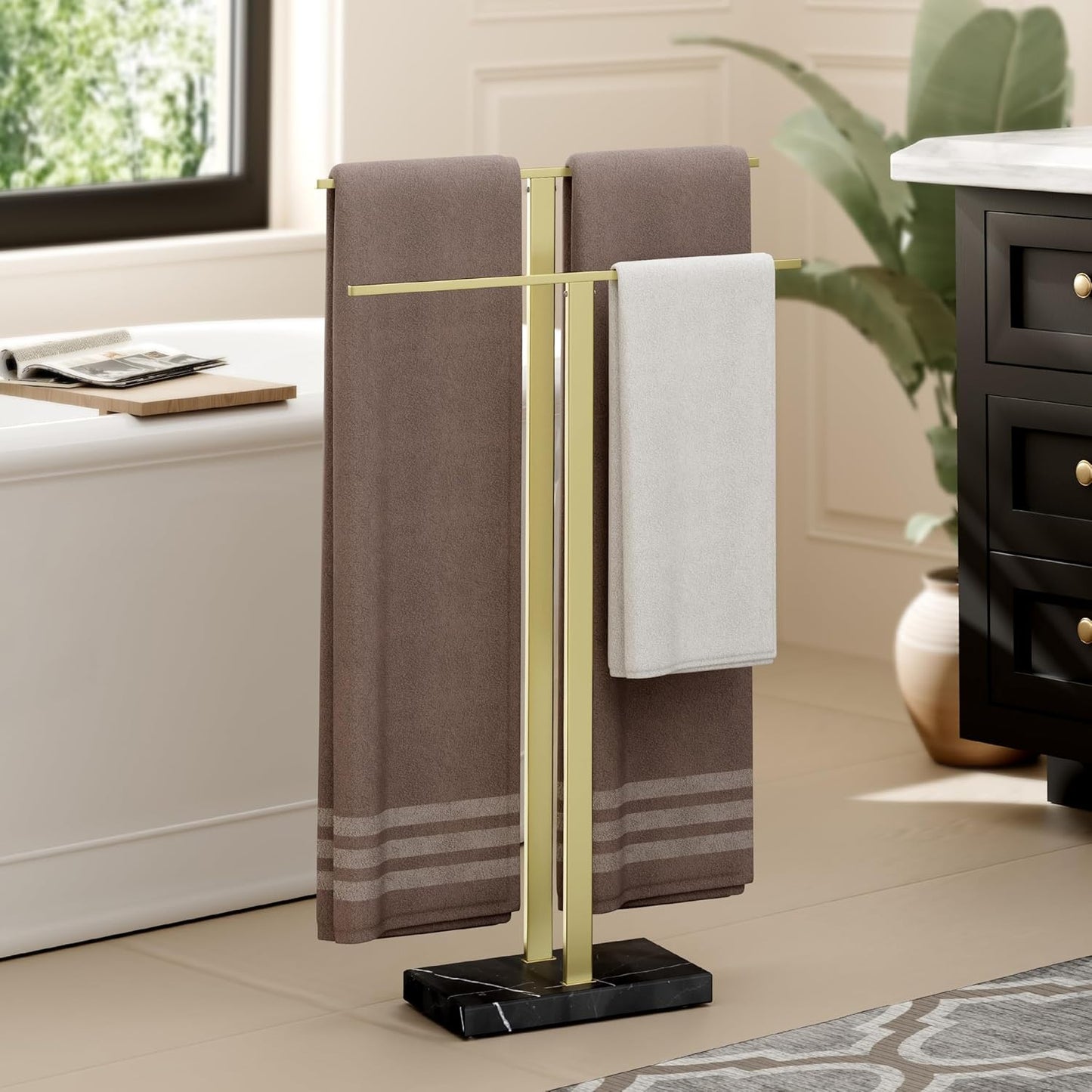 KES Standing Towel Racks for Bathroom 2-Tier, Floor Towel Rack Stand with Heavy Marble Base, Upgrade Steady Design, Pro-Grade 18/8 Stainless Steel Brushed Finish, BTH217-2