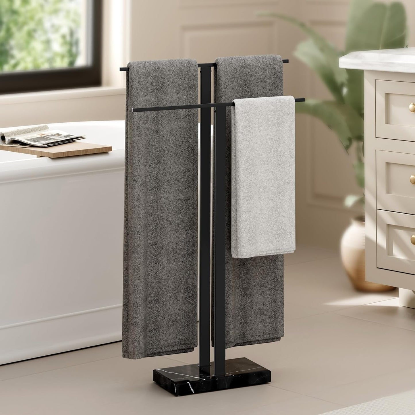 KES Standing Towel Racks for Bathroom 2-Tier, Floor Towel Rack Stand with Heavy Marble Base, Upgrade Steady Design, Pro-Grade 18/8 Stainless Steel Brushed Finish, BTH217-2