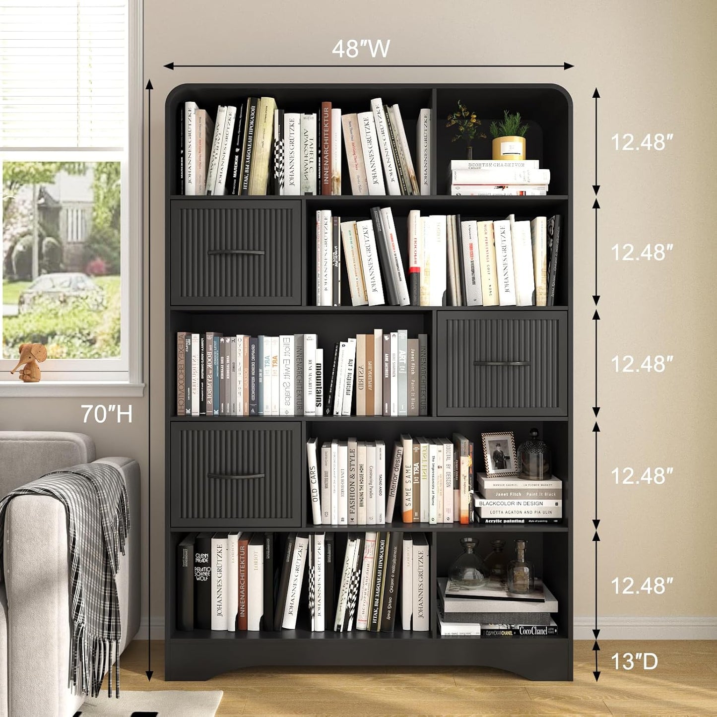 70" Book Shelf and Bookcase, Tall Bookshelf with Drawers, 48" Wide Modern 5 Tier Bookcase with 3 Bins Storage, Large Wood Display Cabinet with Adjustable Bin Storage for Living Room,Black