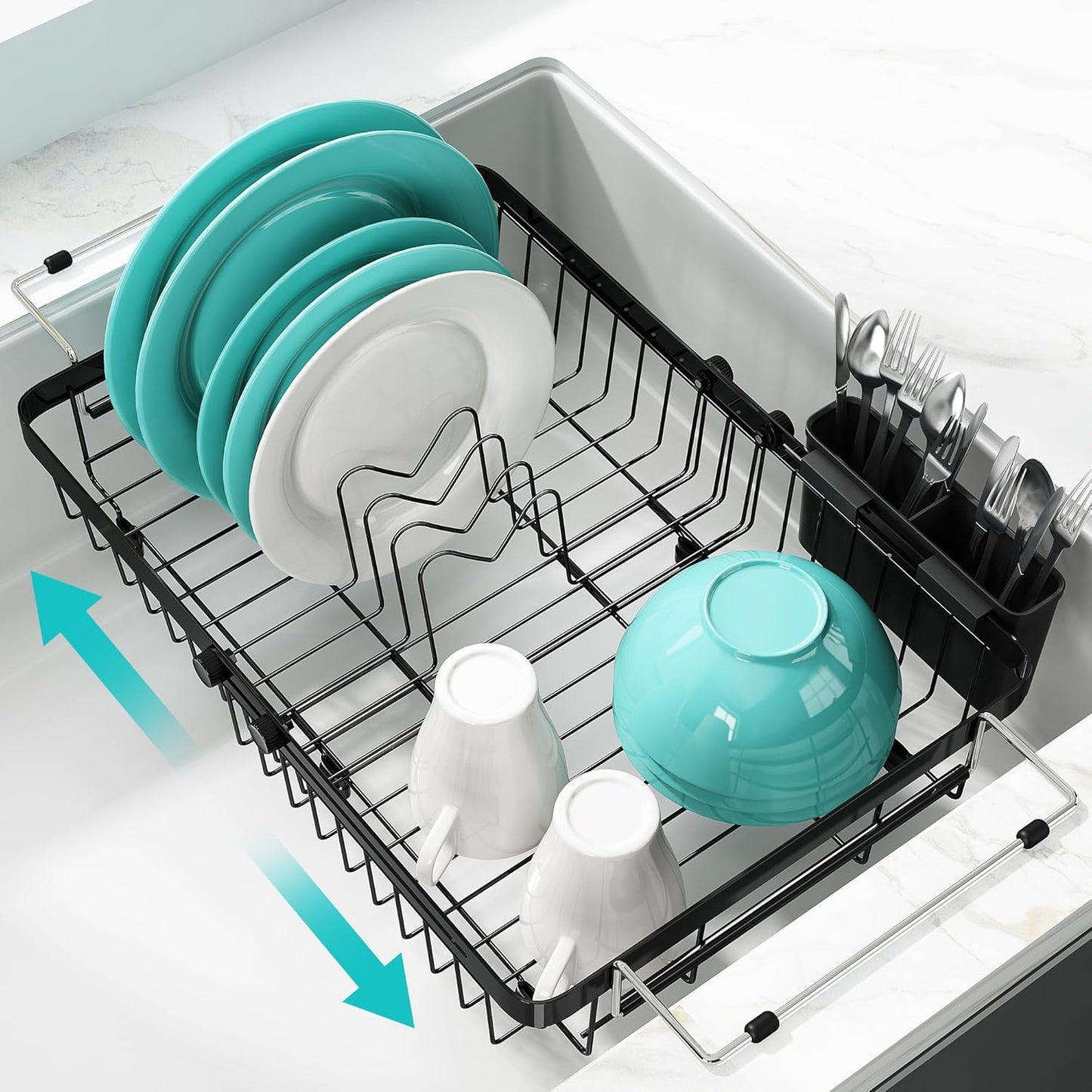 3 Tier Extra Large Stainless Steel Expandable Over The Sink Dish Drainer Drying Rack, Rust Proof Metal, Space Saving, Modern Silver Big Capacity Extendable Plate Strainers Above Kitchen Counter
