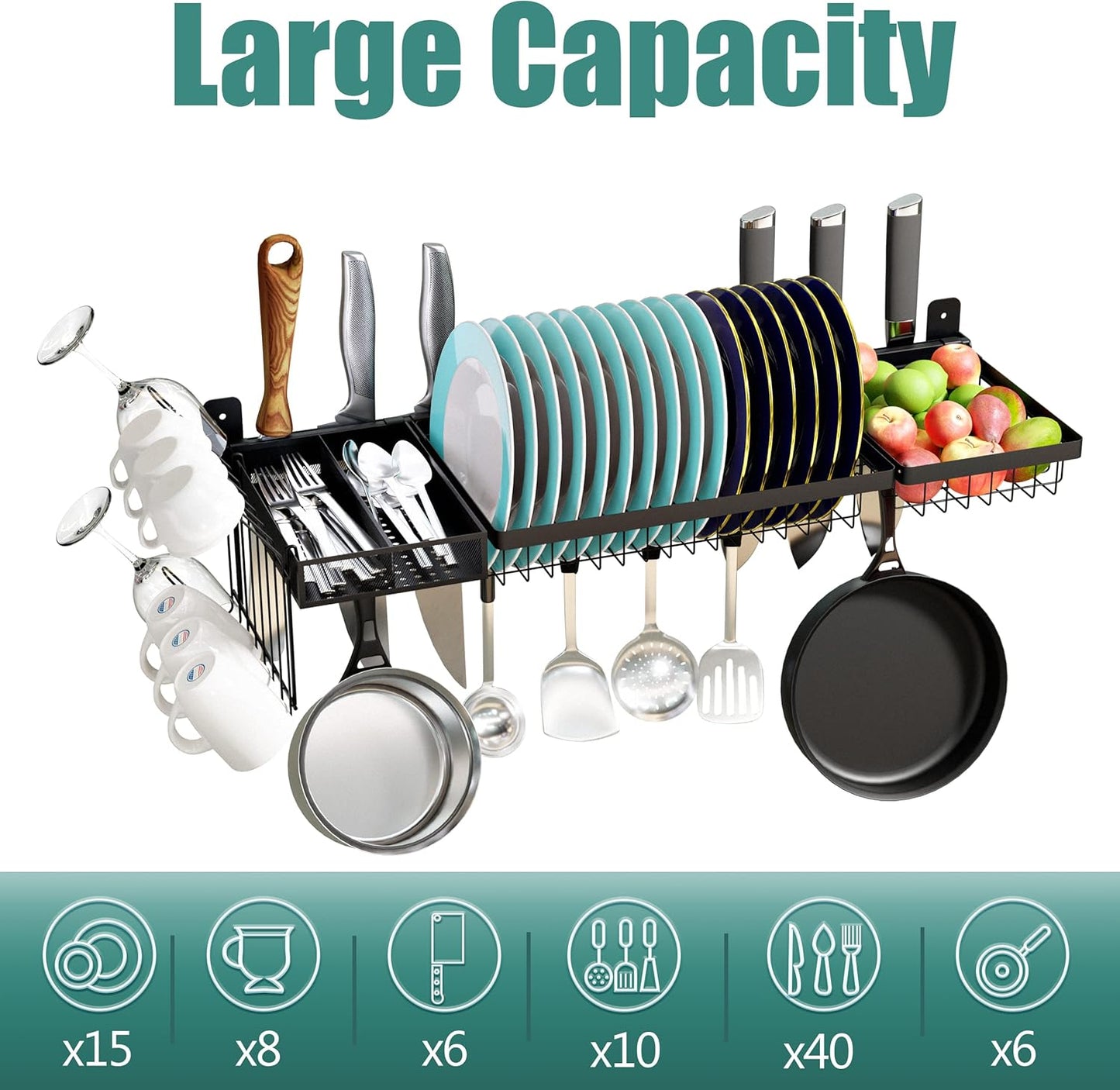Adjustable Stainless Steel Wall Mounted Over the Sink Dish Drying Rack, Large Capacity Pot Rack Dish Rack with Utensil Holder for Kitchen Storage Organizer Patent Pending (Black)