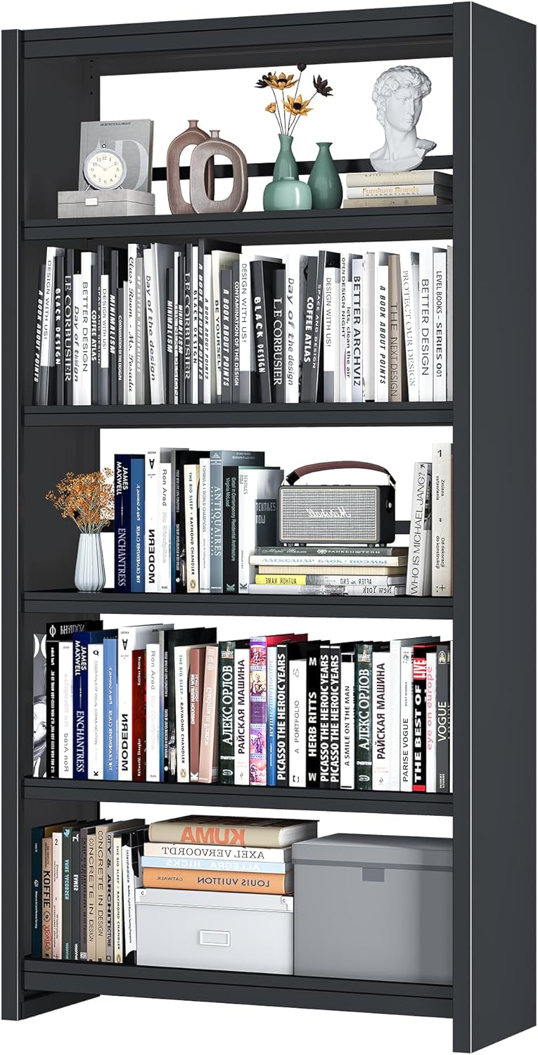 Metal Bookshelf,Adjustable 5-Tier Bookcase with High Weight Capacity,Bookshelves and Bookcases for Living Room,Office,Library,Black Book Shelf