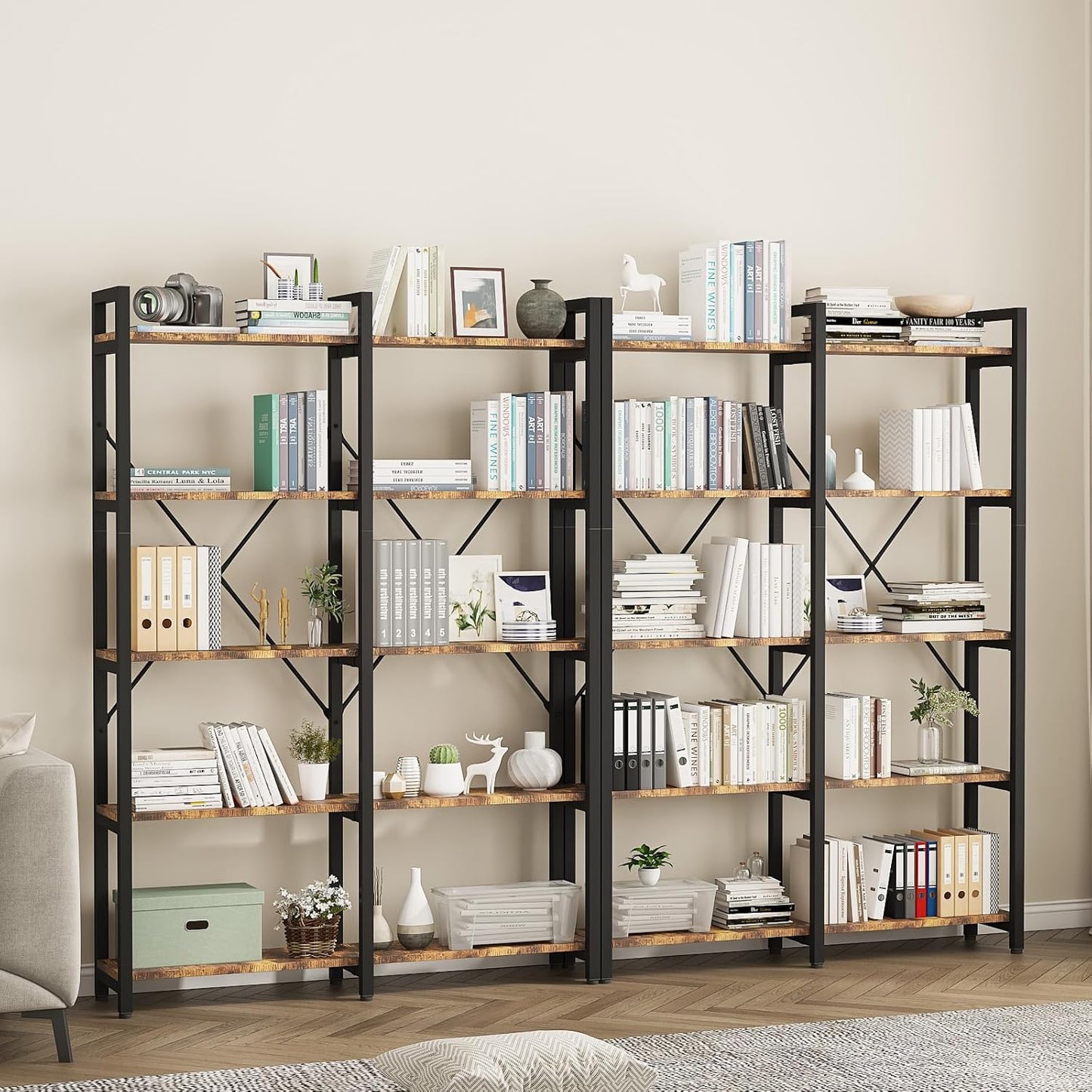 oneinmil Bookshelf 6 Tier, 71.5'' Industrial Wood Bookshelves, Book Shelf with 12 Open Display Shelves & Metal Frame, Tall Bookcase for Home and Office, Rustic Brown