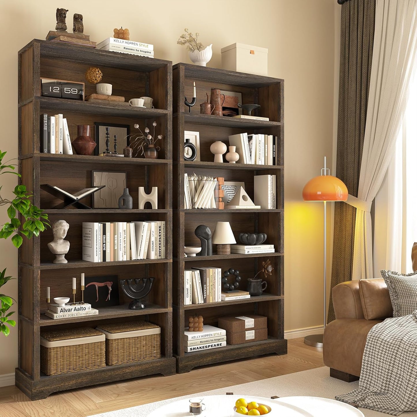 TVU 6 Shelf Bookcase, Freestanding Open Bookshelf, Tall Book Shelf, 11.8" D x 31.5" W x 77.2" H, for Living Room, Dining Room, Study, Office, Rustic Brown