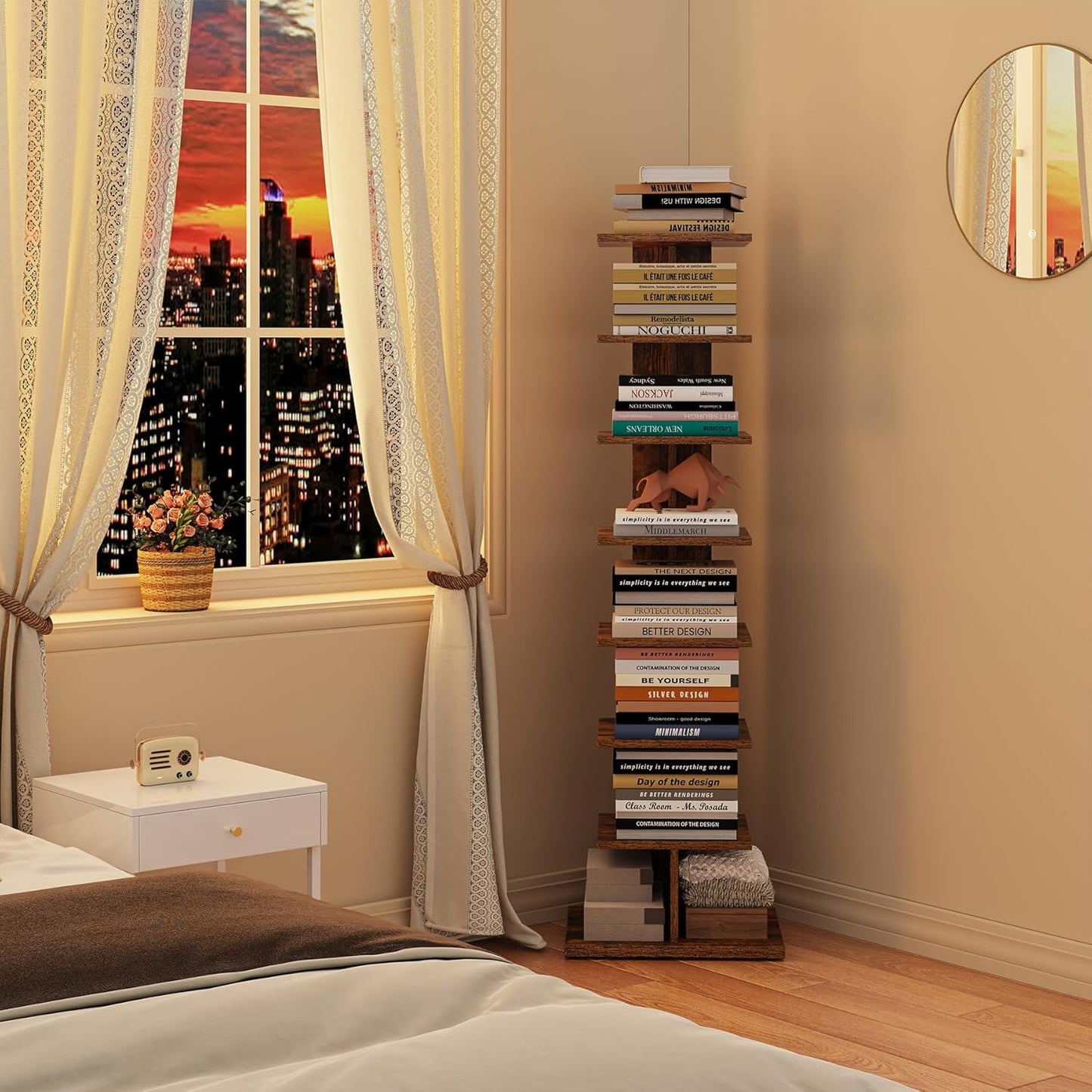 TUTOTAK Narrow Bookshelf, 8-Tier Bookcase, Spine Book Shelf for Small Space, Corner Standing Shelf for Living Room, Office, Study, Entryway, Rustic Brown BS06BB008