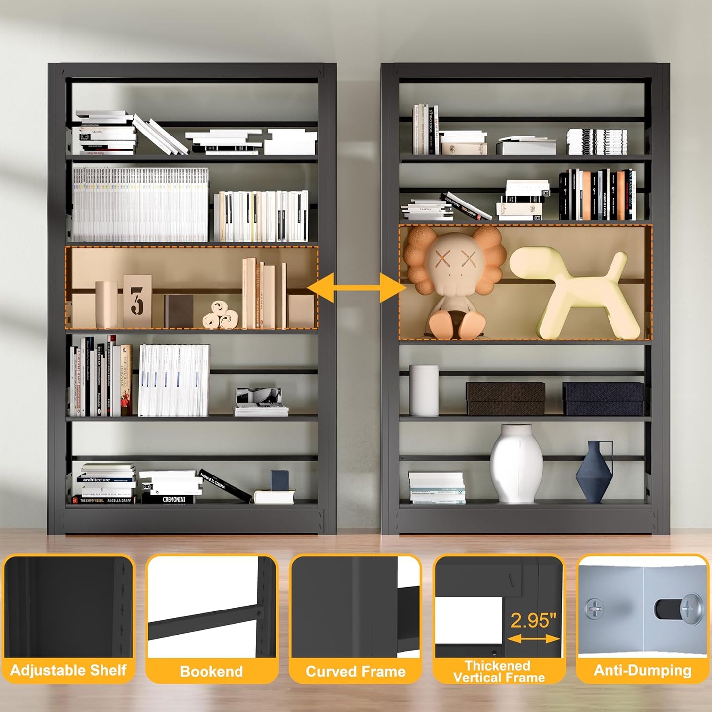 69" Tall Heavy-Duty Bookshelf, 5-Tier Metal Bookshelf with Adjustable Shelves, Open Shelf Bookcase, Tall Bookshelves for Home Office, Library, Bedroom, Including Book Stopper