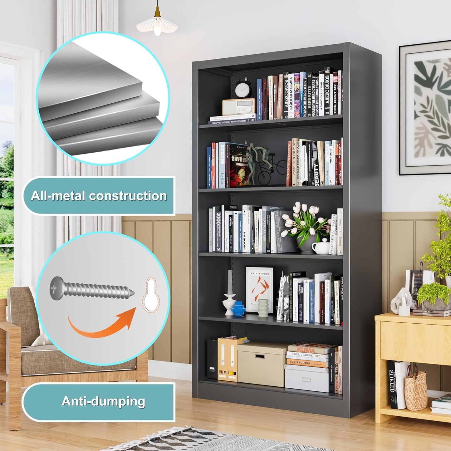 Metal Bookshelf,Adjustable 5-Tier Bookcase with High Weight Capacity,Bookshelves and Bookcases for Living Room,Office,Library,Black Book Shelf