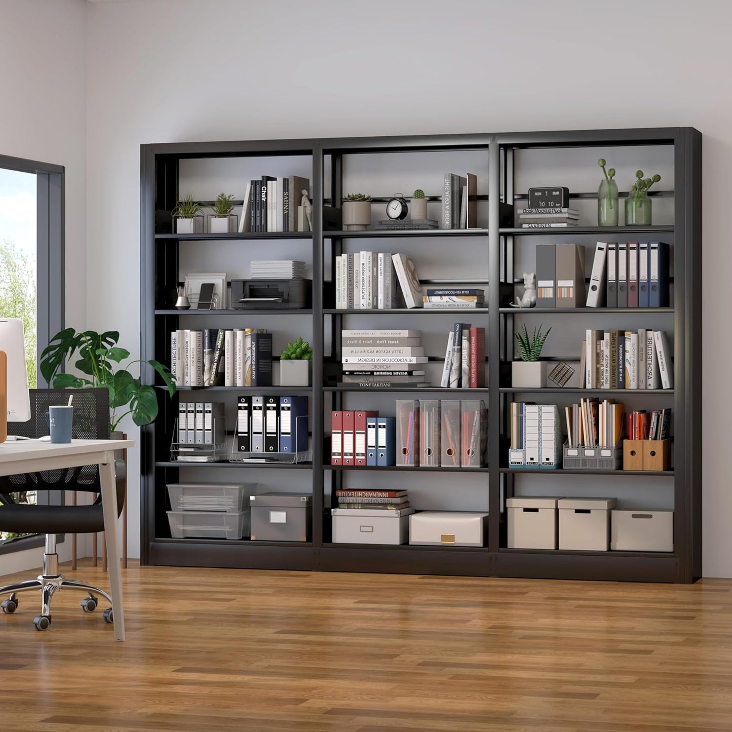 69" Tall Heavy-Duty Bookshelf, 5-Tier Metal Bookshelf with Adjustable Shelves, Open Shelf Bookcase, Tall Bookshelves for Home Office, Library, Bedroom, Including Book Stopper