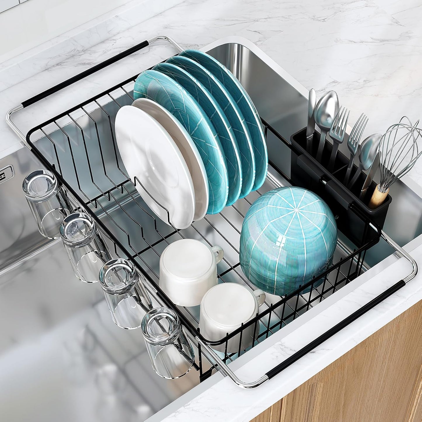 3 Tier Extra Large Stainless Steel Expandable Over The Sink Dish Drainer Drying Rack, Rust Proof Metal, Space Saving, Modern Silver Big Capacity Extendable Plate Strainers Above Kitchen Counter
