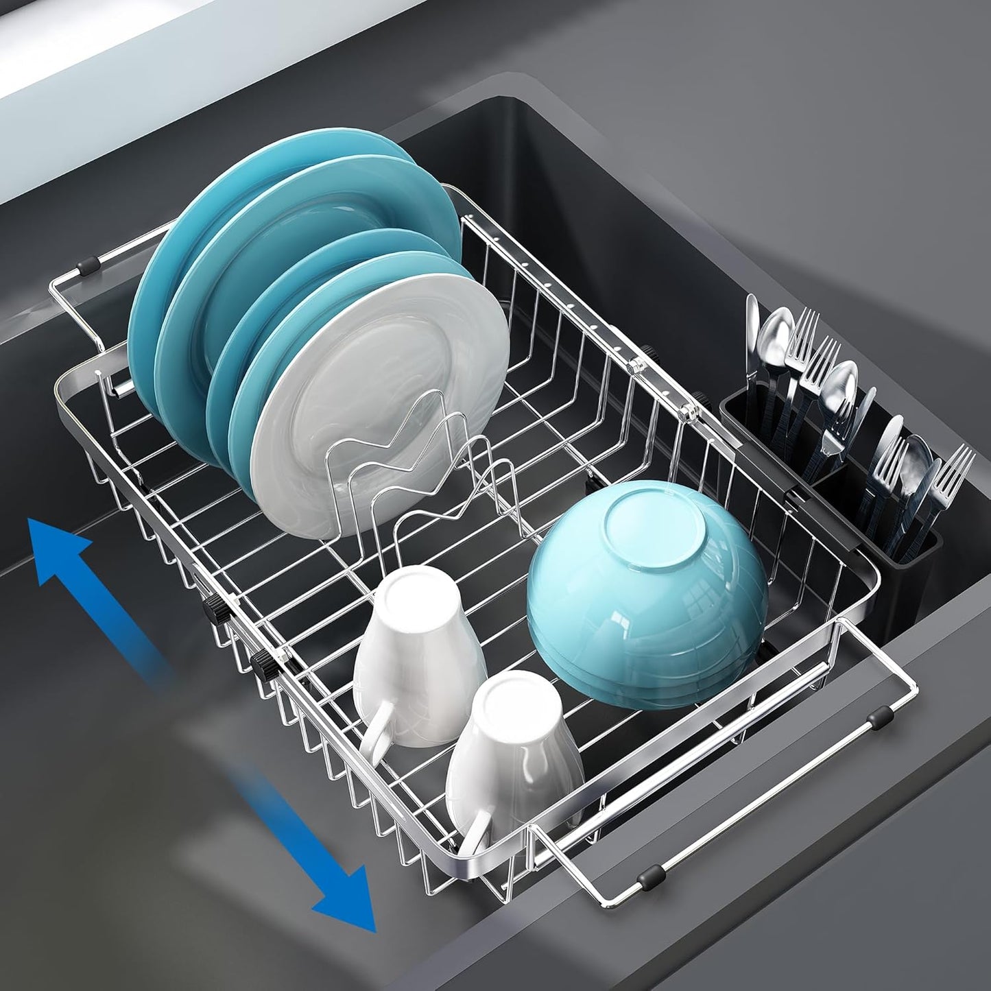 3 Tier Extra Large Stainless Steel Expandable Over The Sink Dish Drainer Drying Rack, Rust Proof Metal, Space Saving, Modern Silver Big Capacity Extendable Plate Strainers Above Kitchen Counter