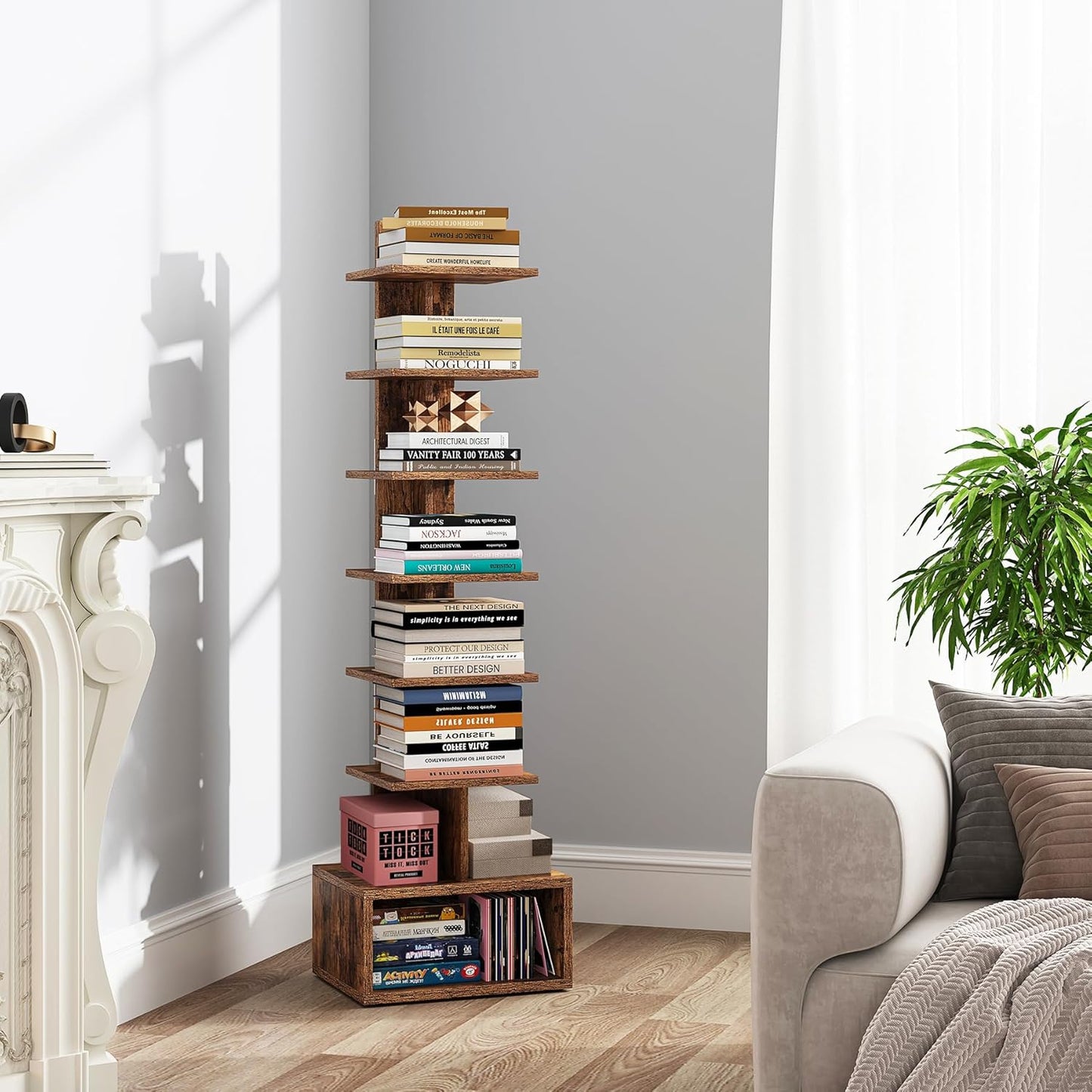 TUTOTAK Narrow Bookshelf, 8-Tier Bookcase, Spine Book Shelf for Small Space, Corner Standing Shelf for Living Room, Office, Study, Entryway, Rustic Brown BS06BB008