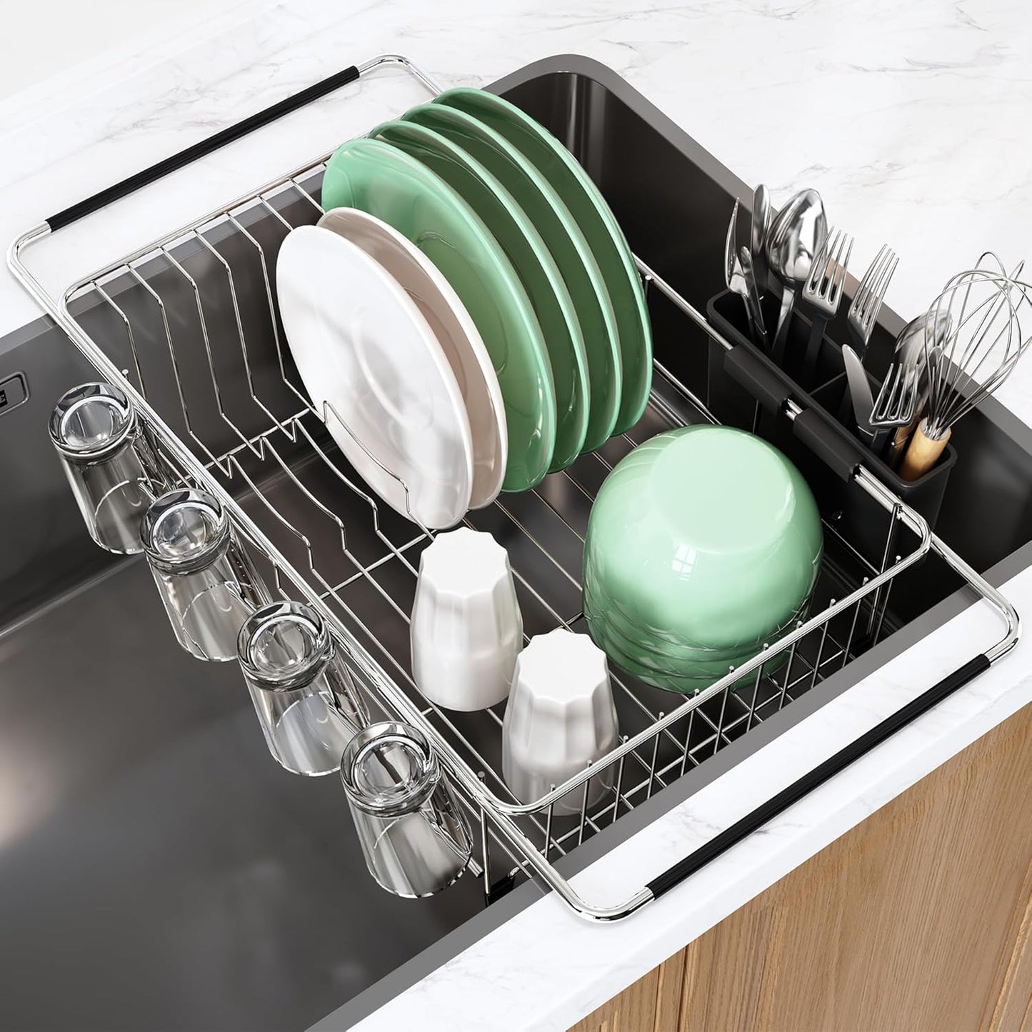 3 Tier Extra Large Stainless Steel Expandable Over The Sink Dish Drainer Drying Rack, Rust Proof Metal, Space Saving, Modern Silver Big Capacity Extendable Plate Strainers Above Kitchen Counter