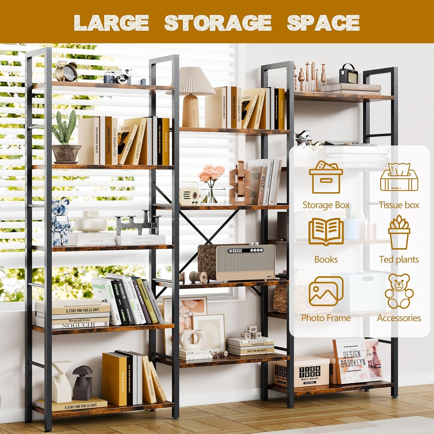 Shintenchi Triple 5 Tier Bookshelf, Industrial Large Bookcase with 14 Open Display Shelves, Large Etagere Bookshelf,Wide Book Shelf Book Case for Home & Office, Rustic Brown