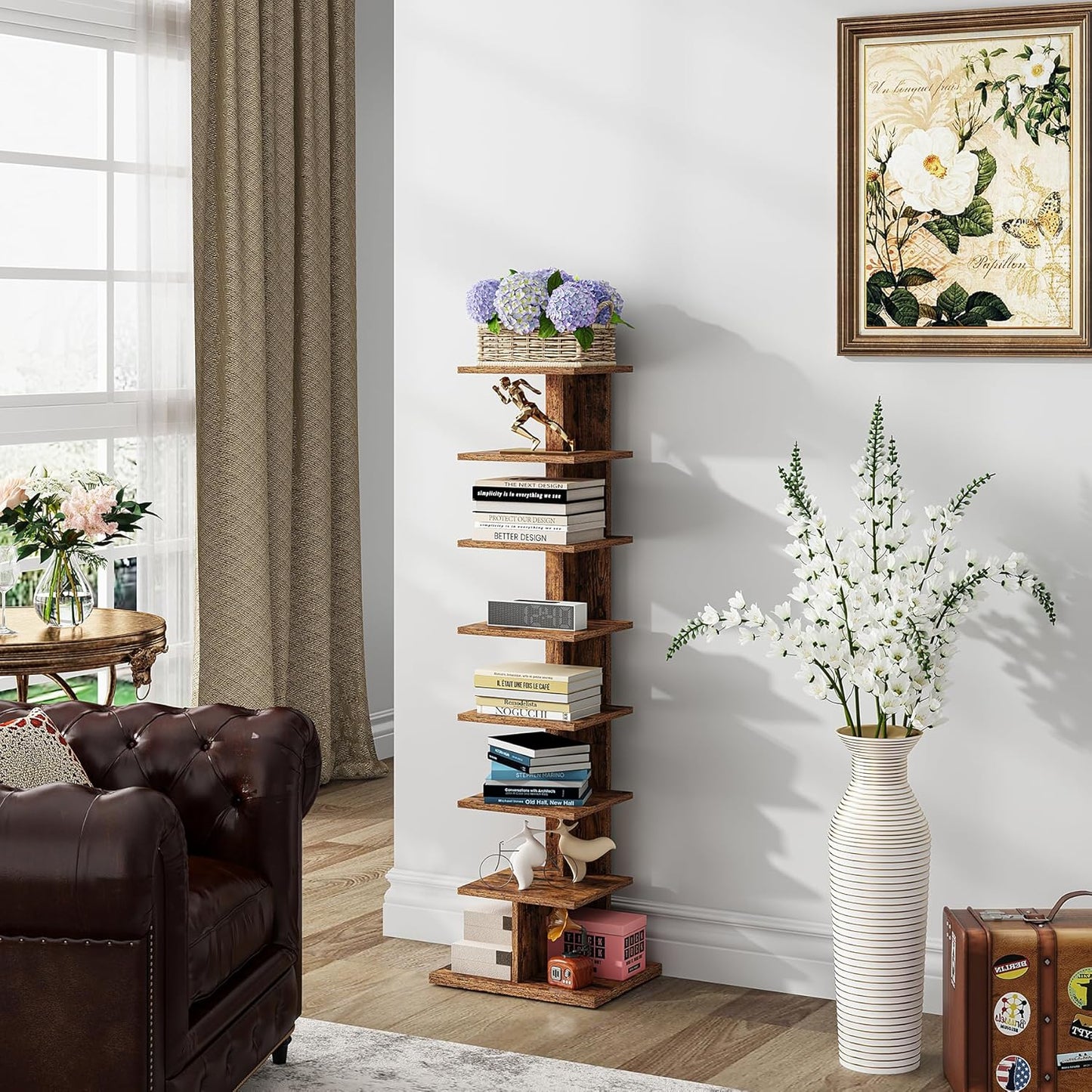 TUTOTAK Narrow Bookshelf, 8-Tier Bookcase, Spine Book Shelf for Small Space, Corner Standing Shelf for Living Room, Office, Study, Entryway, Rustic Brown BS06BB008