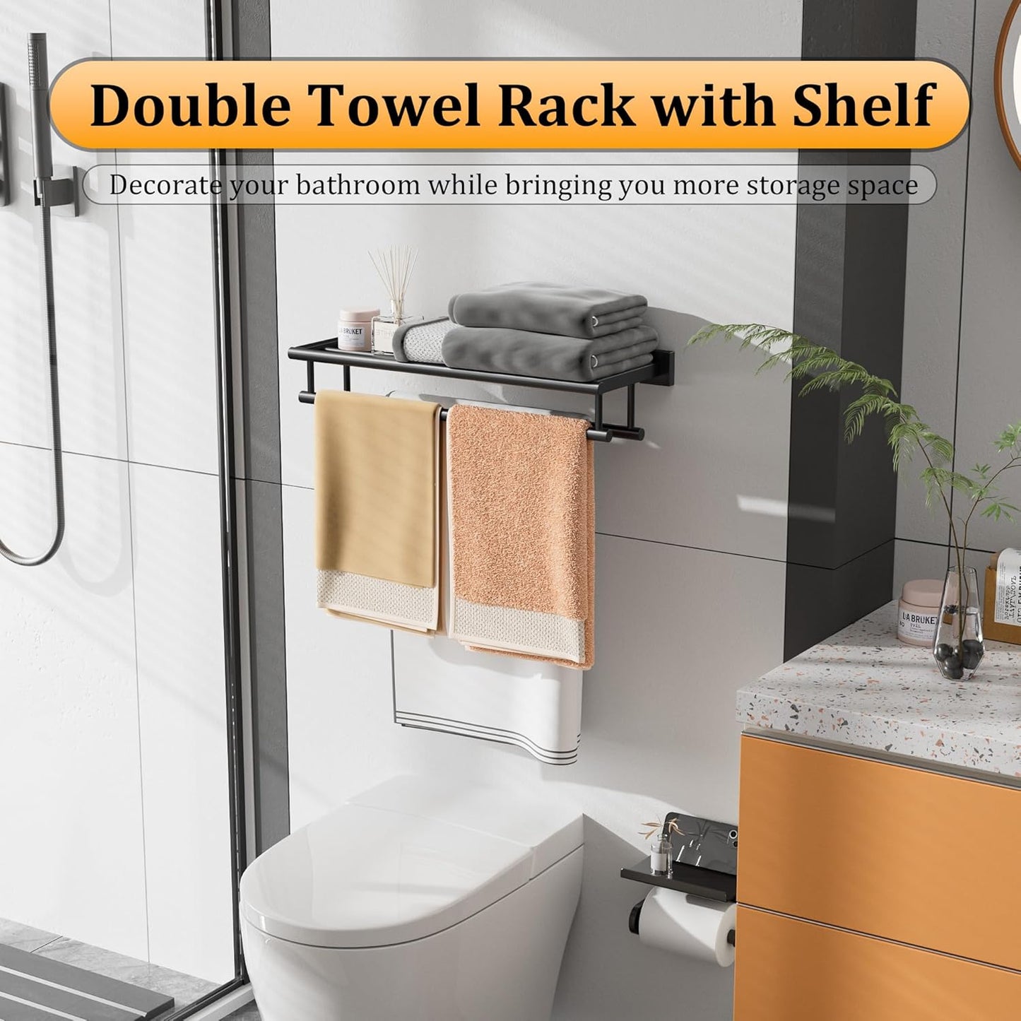Alise Double Towel Rack for Bathroom,24 Inch Bathroom Tower Holder Towel Shelf with Double Towel Bars Wall Mount,SUS304 Stainless Steel Double Tower Bar for Bathroom Wall,Towel Hanger Matte Black