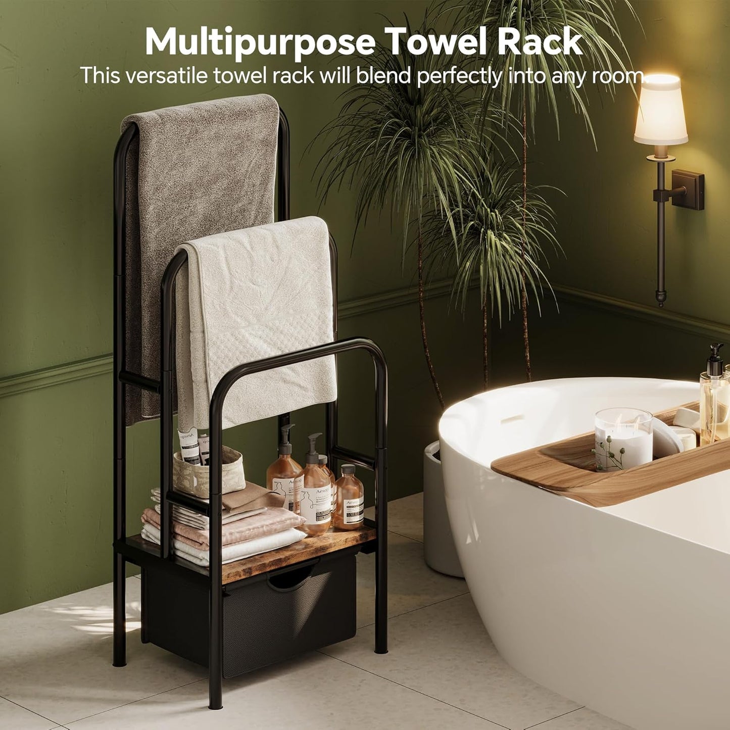 Freestanding Towel Rack for Bathroom & Blanket Holder - 3-Tier Quick-Dry Shelf, 15.6" L x 11.8" W x 41.7" H, Retro Style Floor Stand for Bedroom/Living Room,Rustic Black Brown