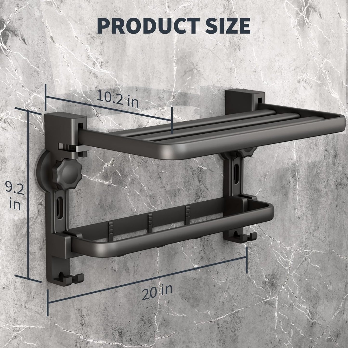 Towel Rack with Towel Bar Holder Suction Cup Foldable Towel Shelf No Drill with 7 Hooks Rustproof Towel Storage Wall Mount for Bathroom Lavatory Matte Black 20 Inch