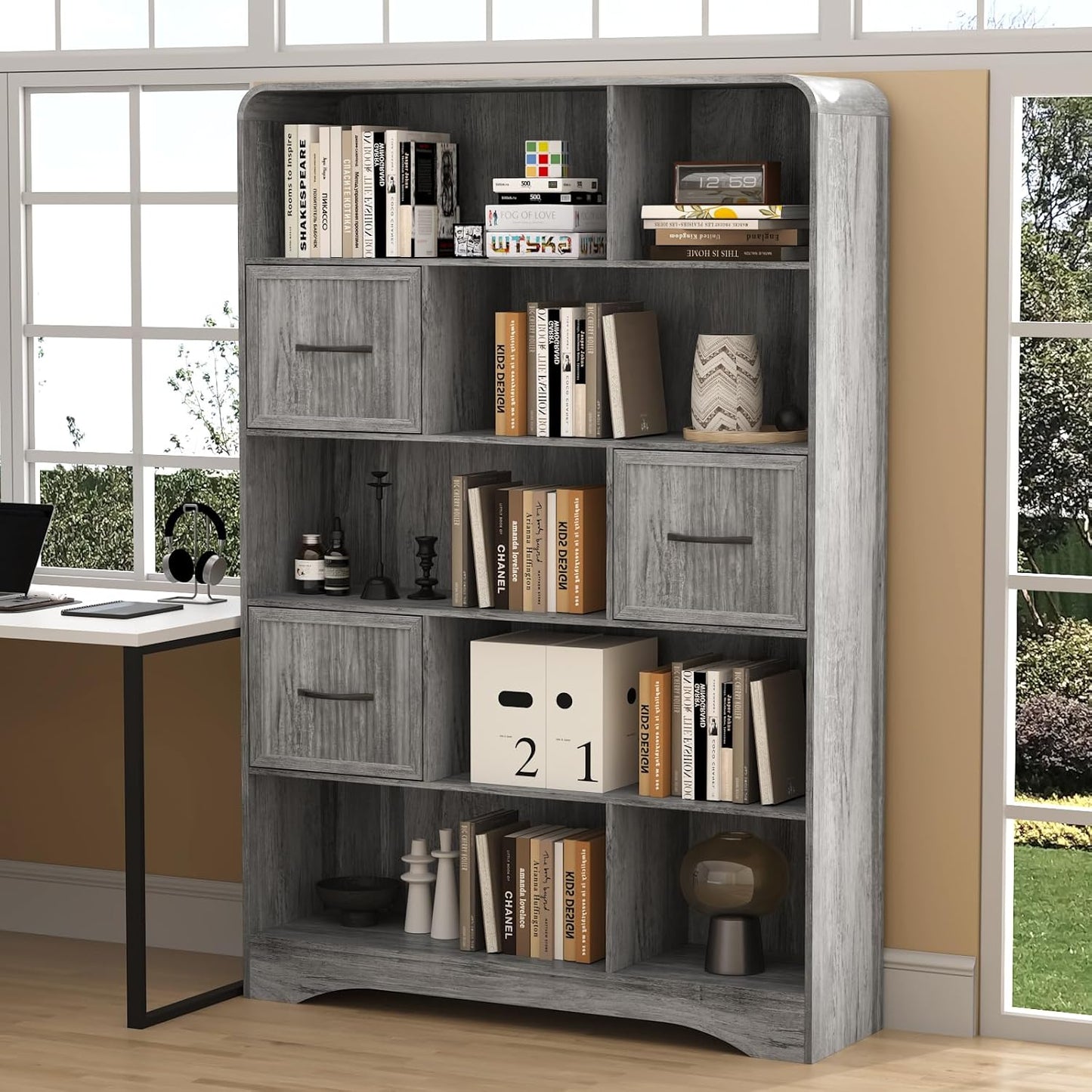 70" Book Shelf and Bookcase, Tall Bookshelf with Drawers, 48" Wide Modern 5 Tier Bookcase with 3 Bins Storage, Large Wood Display Cabinet with Adjustable Bin Storage for Living Room,Black