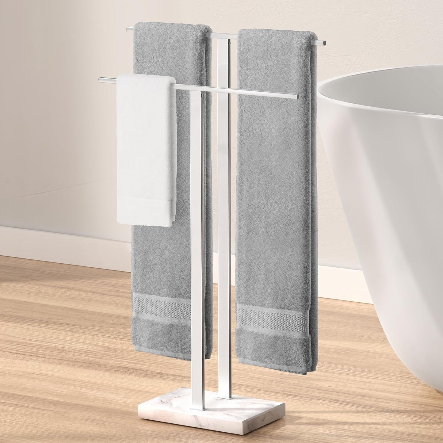 KES Standing Towel Racks for Bathroom 2-Tier, Floor Towel Rack Stand with Heavy Marble Base, Upgrade Steady Design, Pro-Grade 18/8 Stainless Steel Brushed Finish, BTH217-2