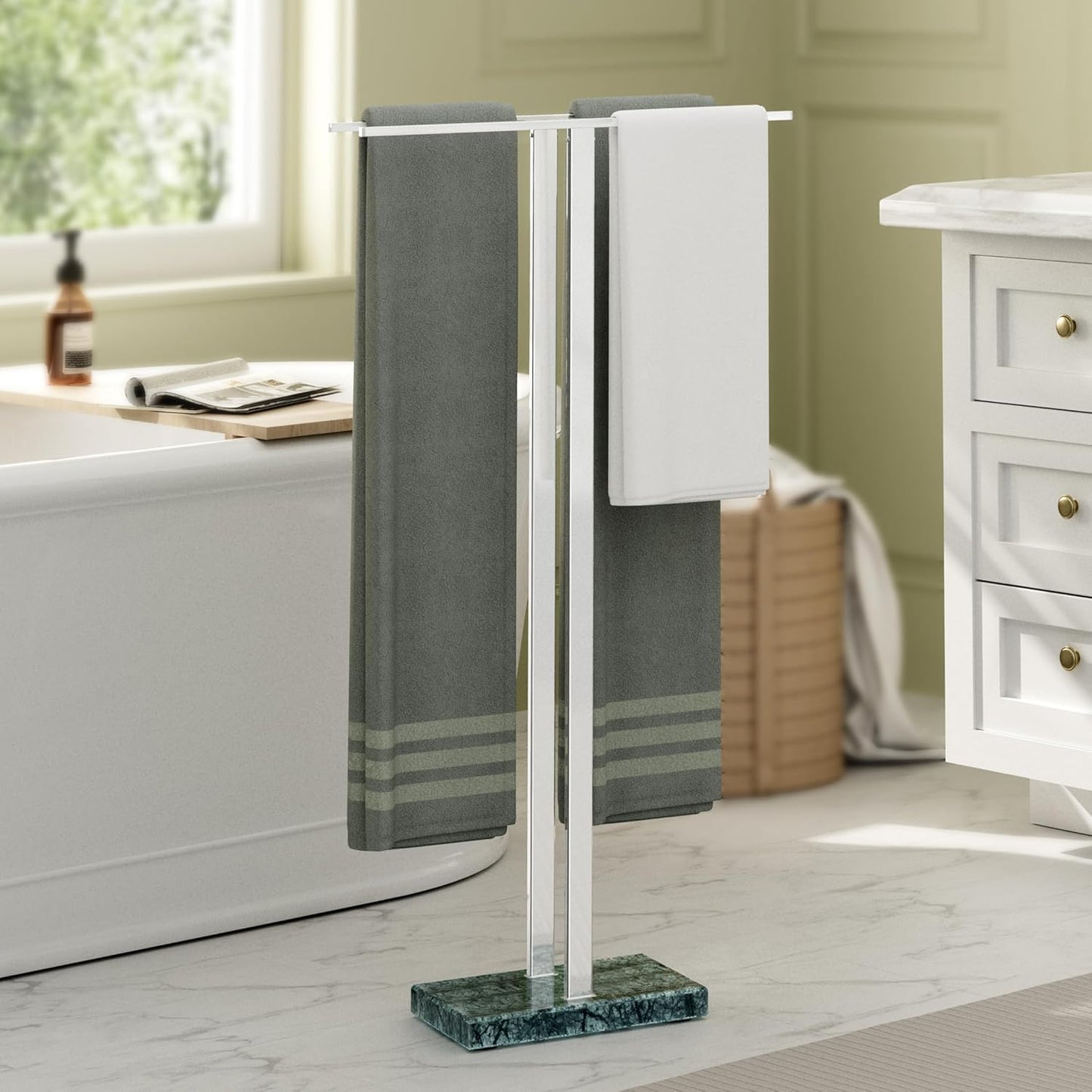 KES Standing Towel Racks for Bathroom 2-Tier, Floor Towel Rack Stand with Heavy Marble Base, Upgrade Steady Design, Pro-Grade 18/8 Stainless Steel Brushed Finish, BTH217-2