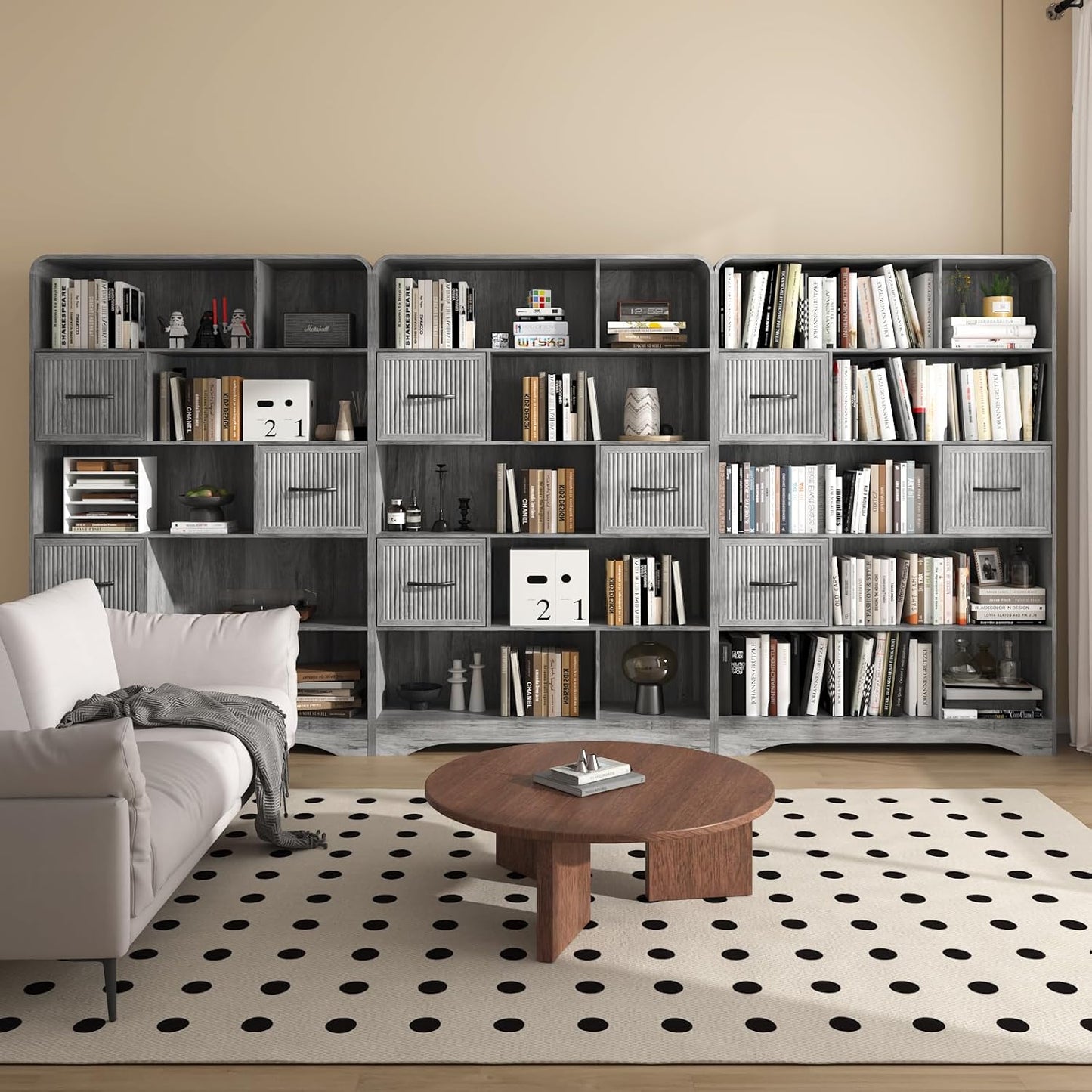 70" Book Shelf and Bookcase, Tall Bookshelf with Drawers, 48" Wide Modern 5 Tier Bookcase with 3 Bins Storage, Large Wood Display Cabinet with Adjustable Bin Storage for Living Room,Black