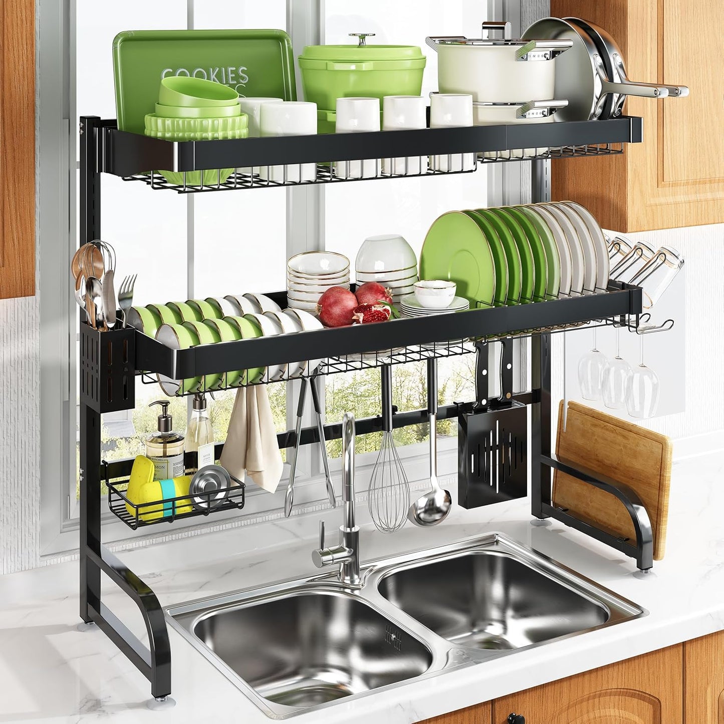 3 Tier Extra Large Stainless Steel Expandable Over The Sink Dish Drainer Drying Rack, Rust Proof Metal, Space Saving, Modern Silver Big Capacity Extendable Plate Strainers Above Kitchen Counter