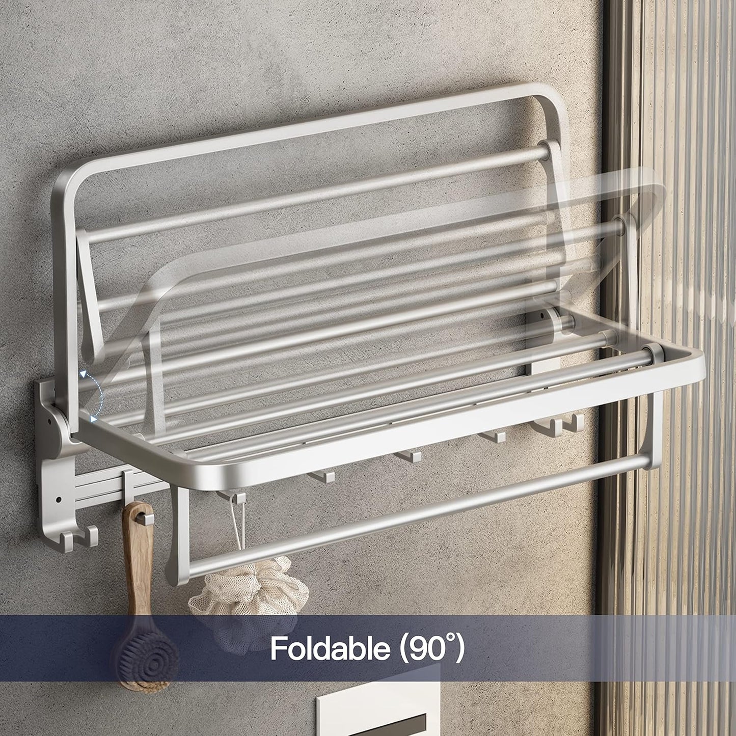 VOLPONE 24 Inch Towel Rack with Towel Bar Holder Foldable Towel Shelf with Movable Hooks Rustproof Towel Storage Wall Mount for Bathroom Lavatory Silver