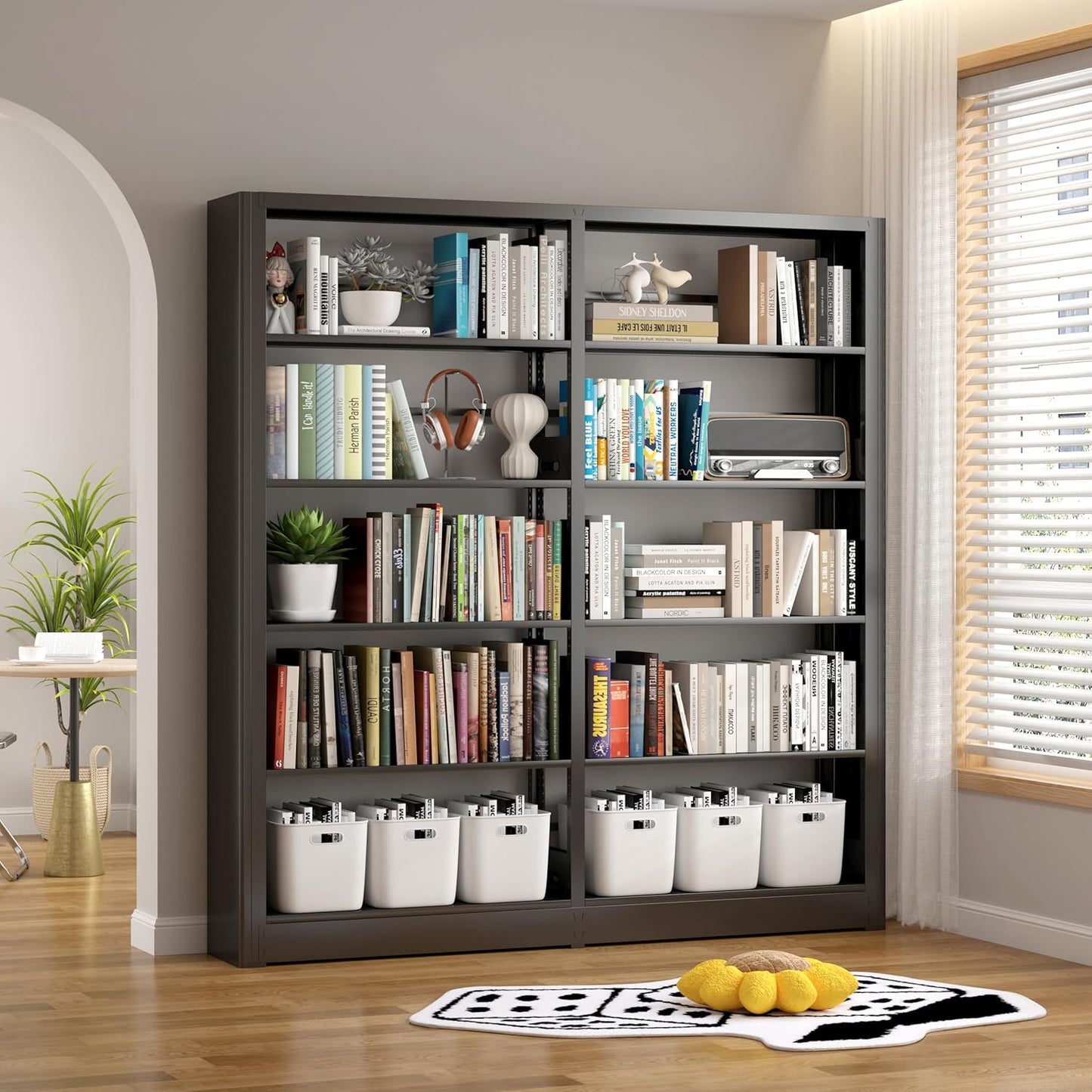 69" Tall Heavy-Duty Bookshelf, 5-Tier Metal Bookshelf with Adjustable Shelves, Open Shelf Bookcase, Tall Bookshelves for Home Office, Library, Bedroom, Including Book Stopper