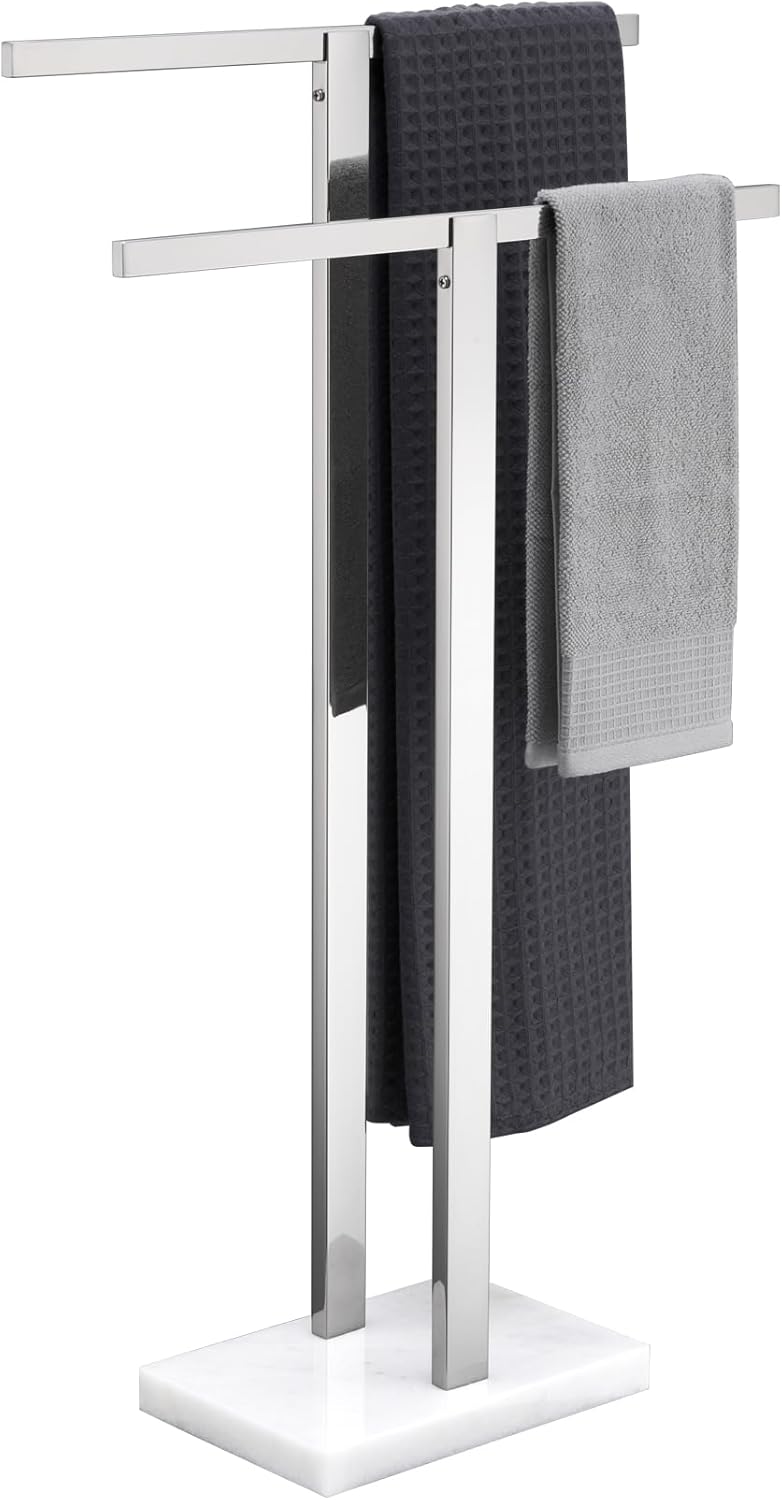 KOKOSIRI Bathroom Towel Rack 2-Tier Standing Towel Racks with Marble Base, Stainless Steel Freestanding Towel Bars, Thicken Steady Design, Brushed Nickel THS0001-BR