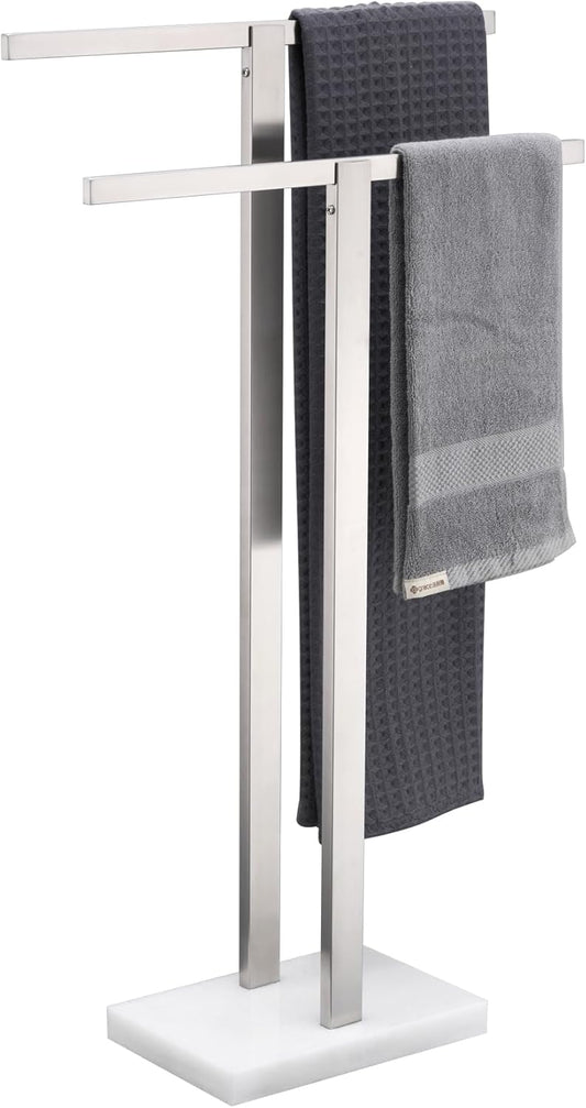 KOKOSIRI Bathroom Towel Rack 2-Tier Standing Towel Racks with Marble Base, Stainless Steel Freestanding Towel Bars, Thicken Steady Design, Brushed Nickel THS0001-BR
