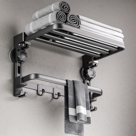Towel Rack with Towel Bar Holder Suction Cup Foldable Towel Shelf No Drill with 7 Hooks Rustproof Towel Storage Wall Mount for Bathroom Lavatory Matte Black 20 Inch