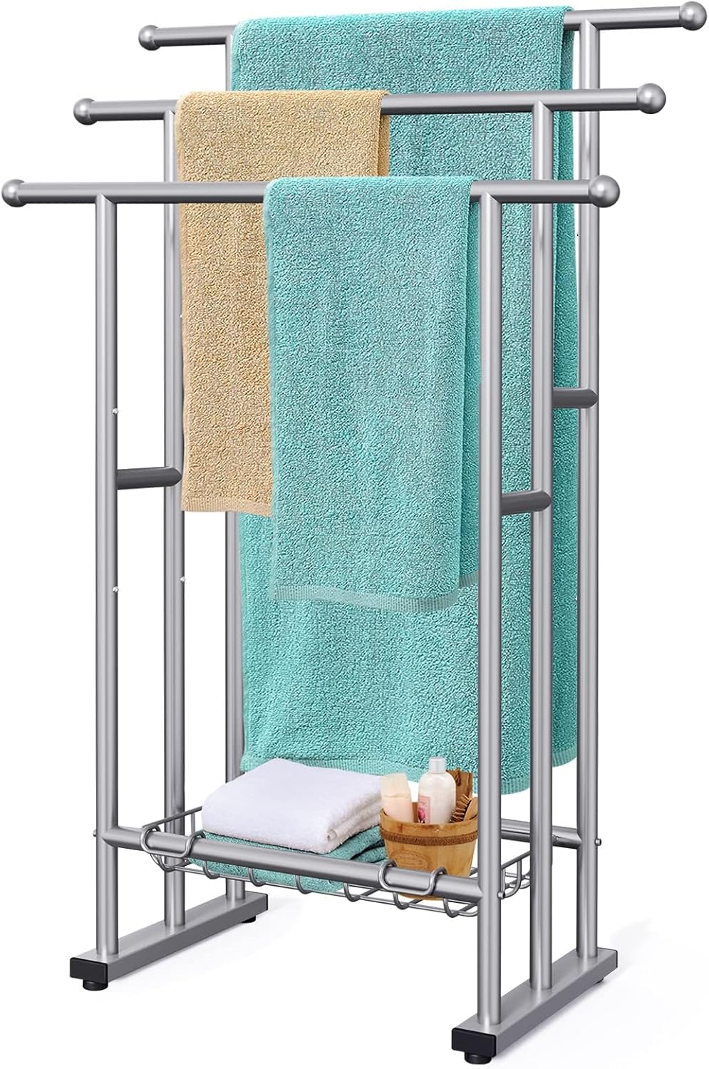 Kayfia 40" Tall Standing Towel Racks for Bathroom, 3 Tier Towel Rack Stand with Storage Basket, Blanket Ladder Drying and Display Rack for Oversized Bath Towel, Next to Tub Or Shower (Bronze)