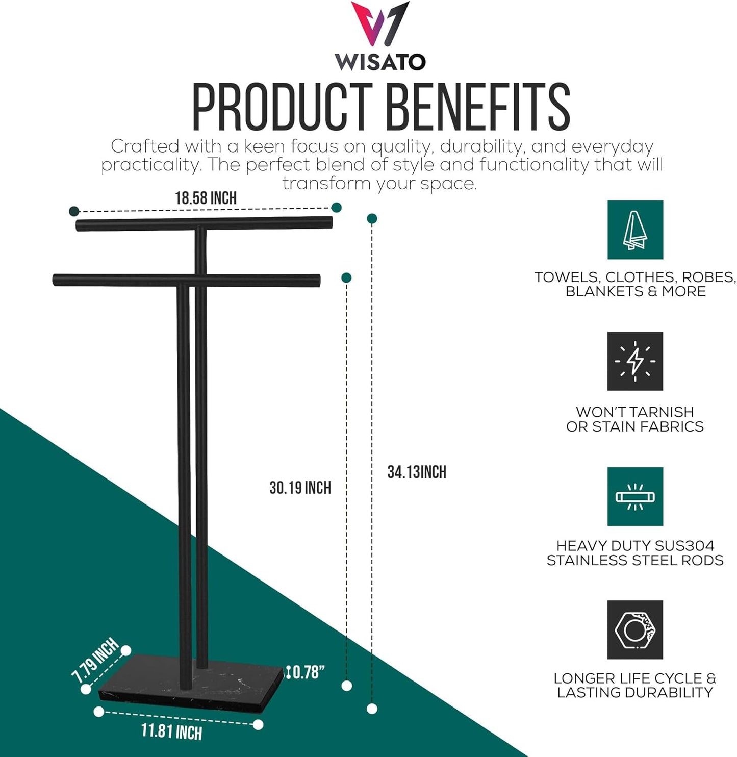 Free Standing Towel Rack for Bathroom - Matte Black Finish - Stand Alone 2 Tier Stainless Steel Towel Rack for Bathroom Floor with Heavy Marble Base - Double T Shape Drying Stand for Towels