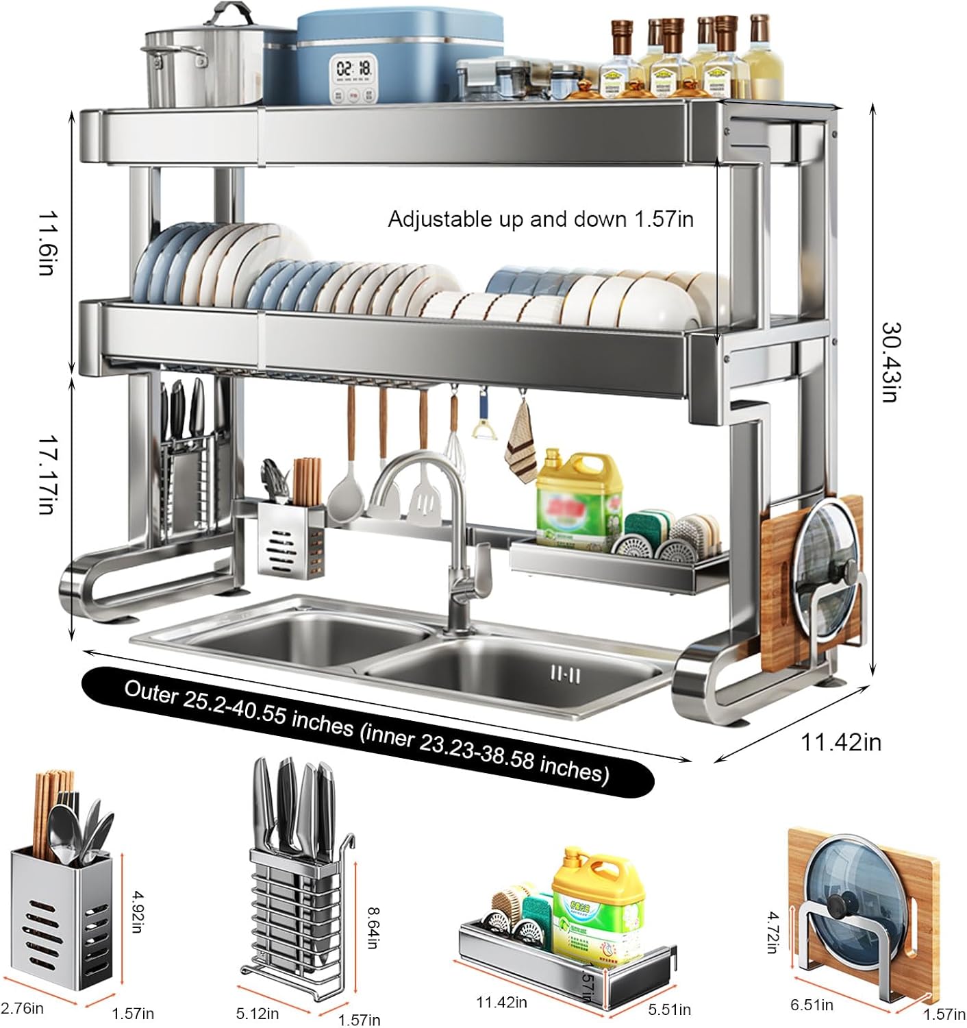 Over Sink Dish Drying Rack 3 Tier Dish Drying Rack Full 304 Stainless Steel Large Storage Kitchen Dish Rack Expandable Drainer Shelf Rack for Kitchen Counter Above Sink Organizer（23"-39"