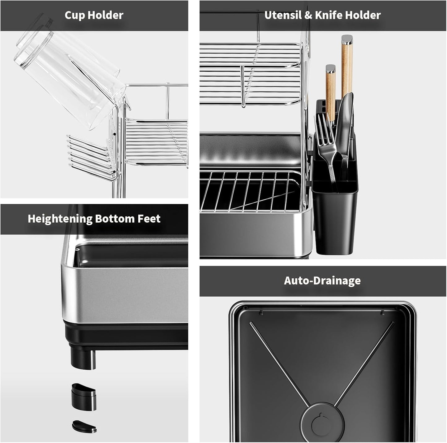 Large Dish Drying Rack, 2 Tier Stainless Steel Dish Rack for Kitchen Counter, Dish Drainer with with 360°Rotatable Drain Spout, Utensil Holder & Cups Holder, Multifunctional Kitchen Organizer
