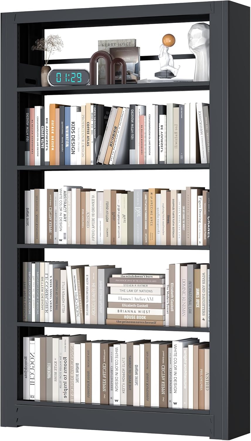 Metal Bookshelf,Adjustable 5-Tier Bookcase with High Weight Capacity,Bookshelves and Bookcases for Living Room,Office,Library,Black Book Shelf
