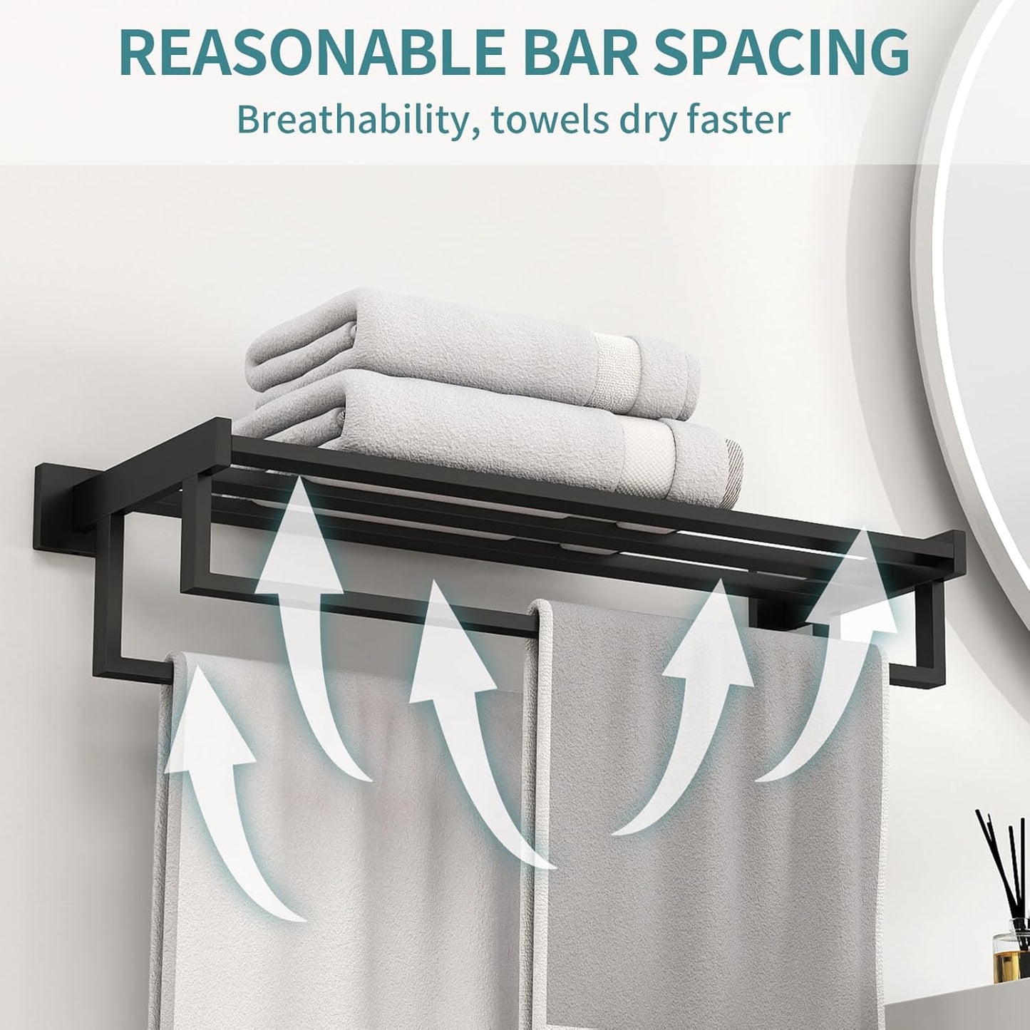 Bathroom Towel Rack with Double Towel Bar, 24 Inch Towel Racks for Bathroom Wall Mounted, Hand Towel Hanger Stainless Steel Towel Shelf Rack Bathroom Towel Storage, Black